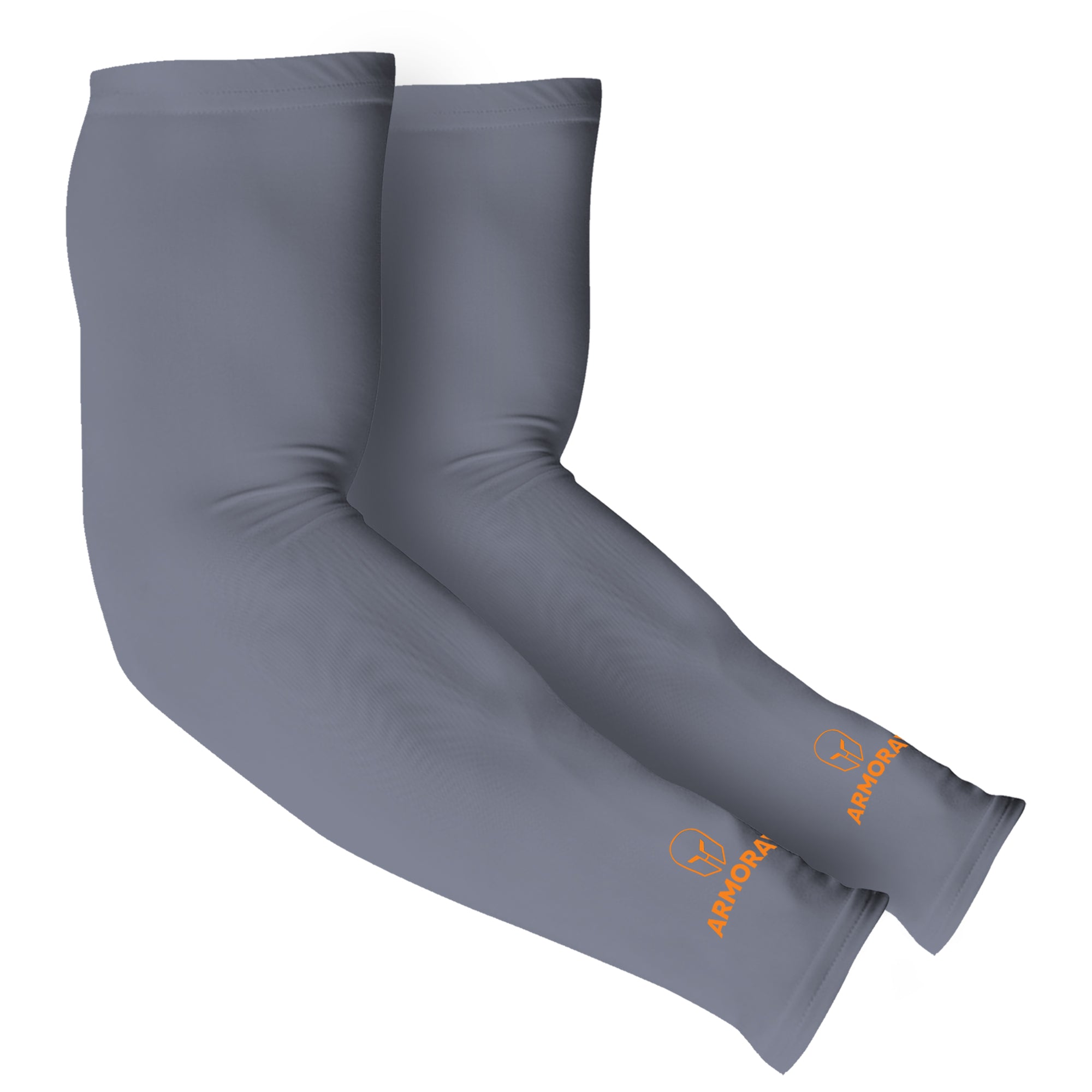 A pair of gray Armoray® Arm Sleeves by ARMORAY Basics with orange logos and "ARMORA" near the wrists, delivering stylish sun protection for any activity.