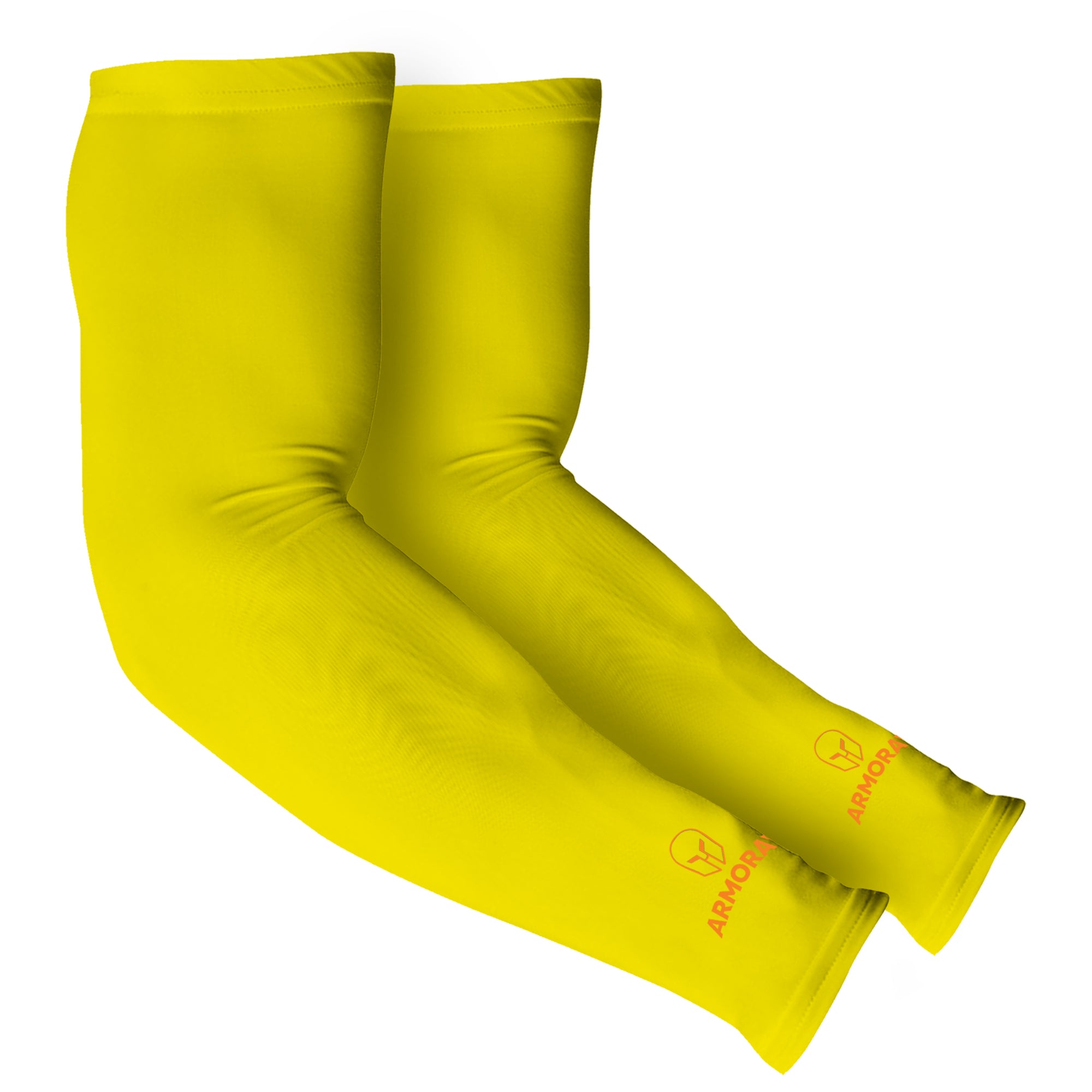 A pair of bright yellow Armoray® Arm Sleeves by ARMORAY Basics with a red logo near the wrist, offering sun protection, displayed on a white background.