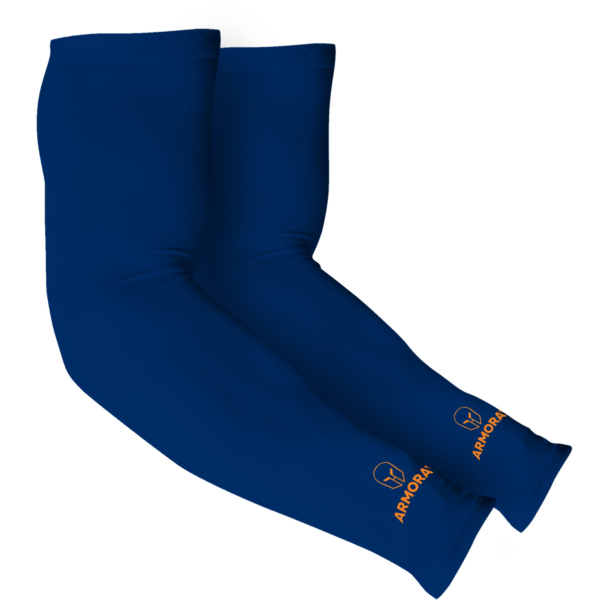 Armoray® Arm Sleeves by ARMORAY Basics: blue compression arm sleeves with the orange Armora logo and a helmet graphic near the wrist, designed for cooling comfort and sun protection.
