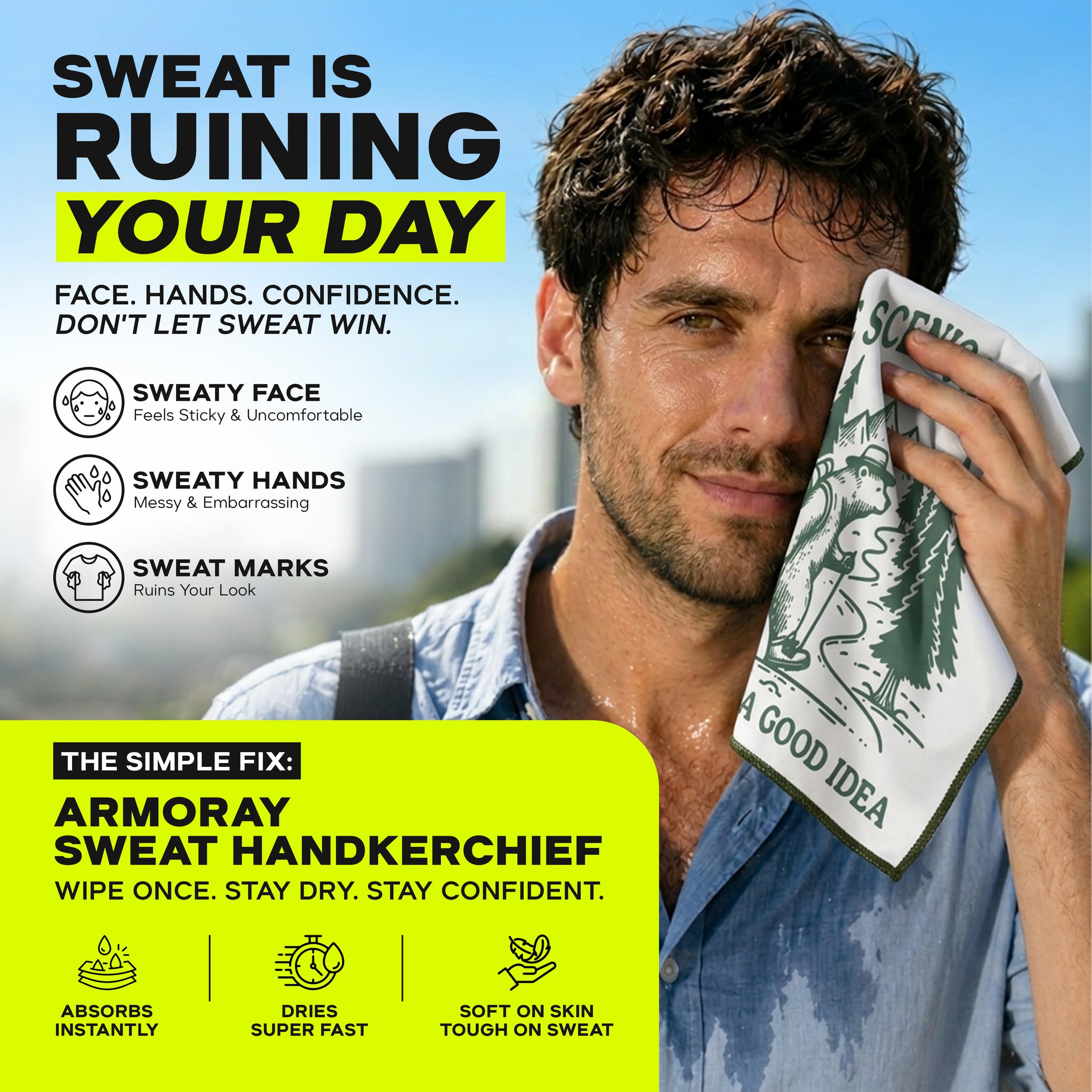 A man wipes sweat with the ARMORAY Basics Sweat Absorbing Handkerchief—an UltraSoft, reusable towel that’s quick, absorbent, and fast-drying—ideal for gym workouts and everyday use.
