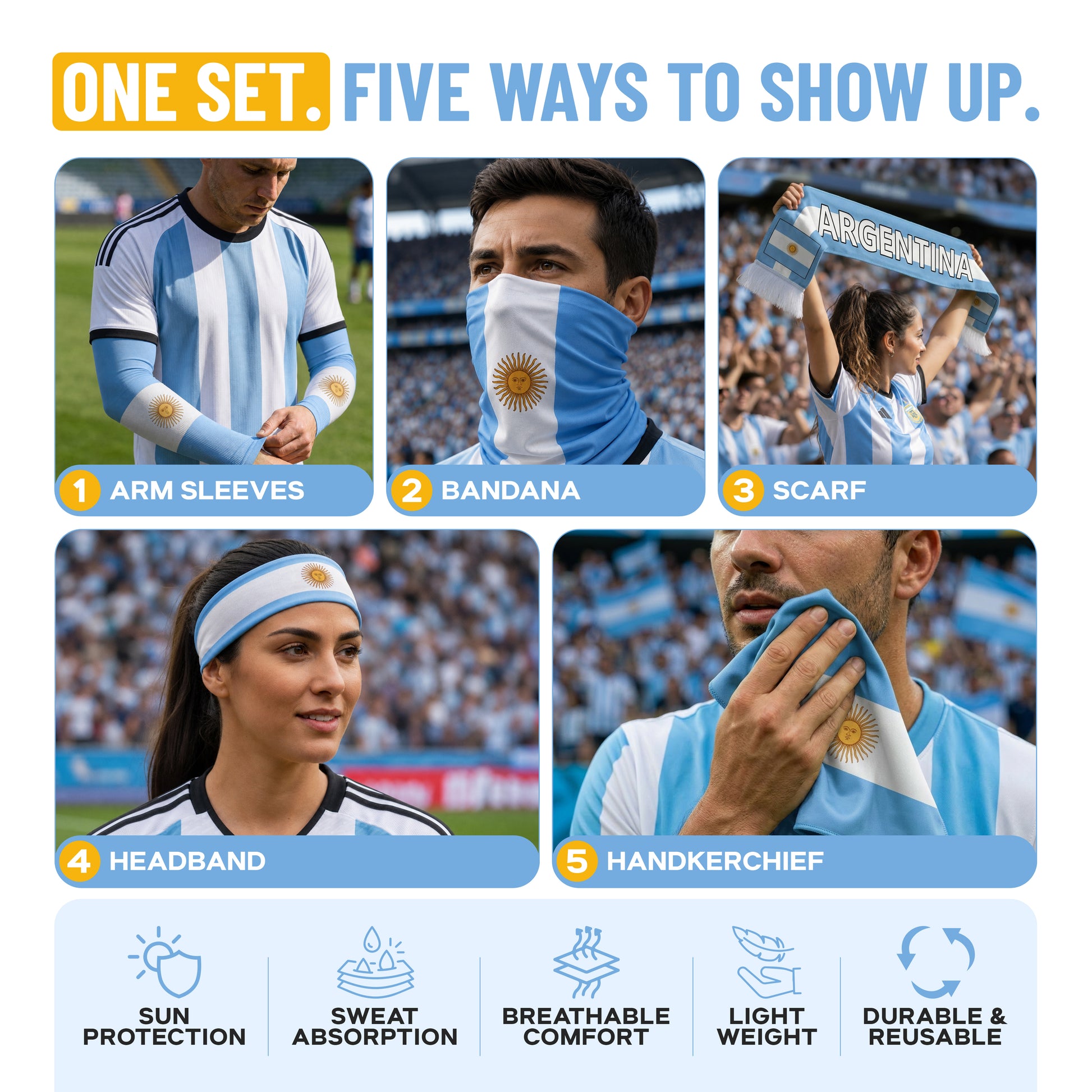 A man and woman sport the ARMORAY Armoray World Cup VIP Bundle—five Argentina-flag accessories (arm sleeves, bandana, scarf, headband, handkerchief) offering sun protection, sweat absorption, breathability, lightweight comfort, and durability.