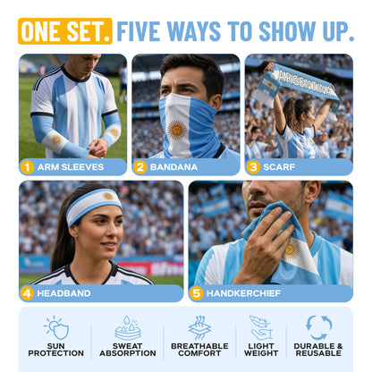 A man and woman sport the ARMORAY Armoray World Cup VIP Bundle—five Argentina-flag accessories (arm sleeves, bandana, scarf, headband, handkerchief) offering sun protection, sweat absorption, breathability, lightweight comfort, and durability.