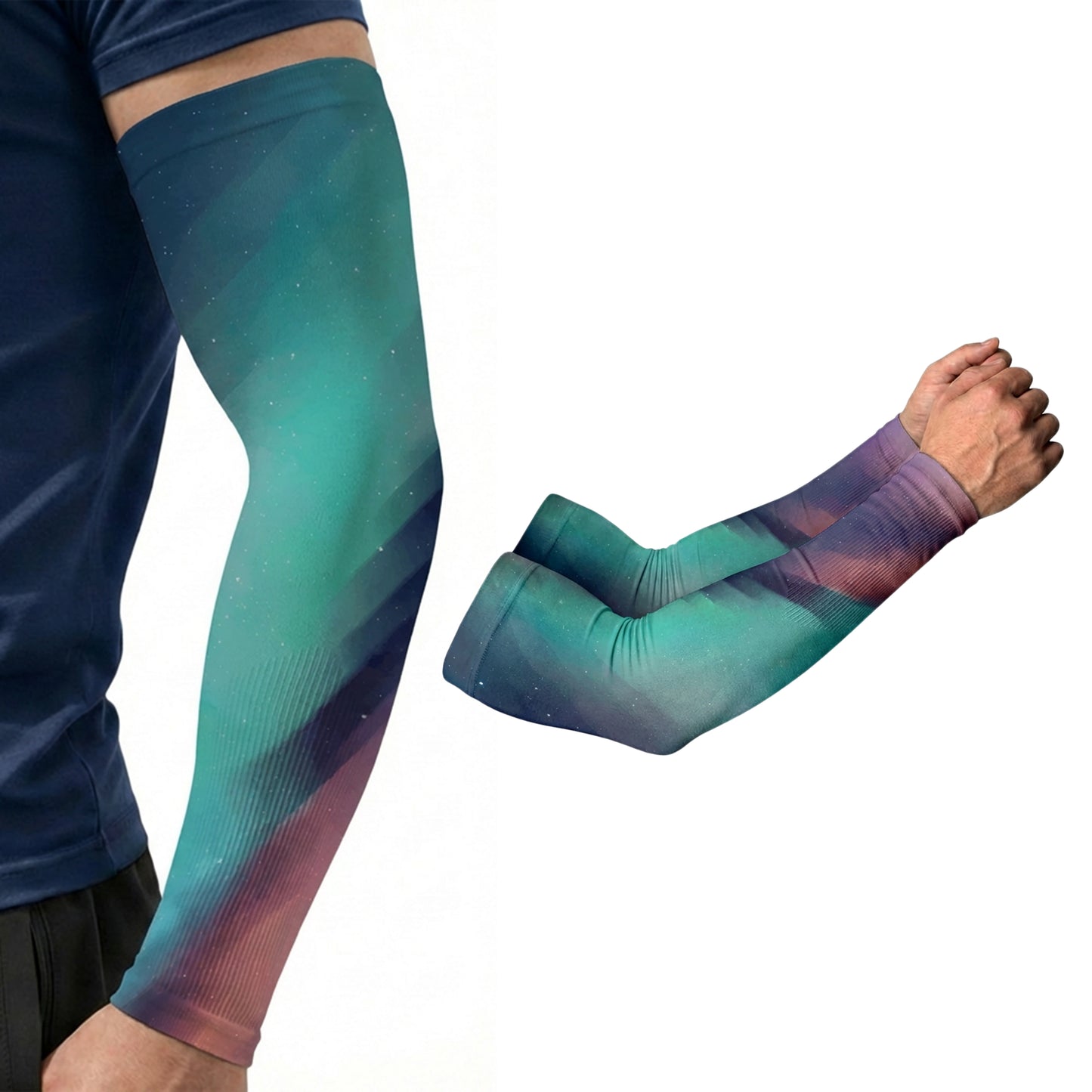 A person wears Armoray® Designer Arm Sleeves by ARMORAY Basics in blue, green, and purple gradient colors (UPF 50+ sun protection). A pair of sleeves is also displayed on the right against a white background.