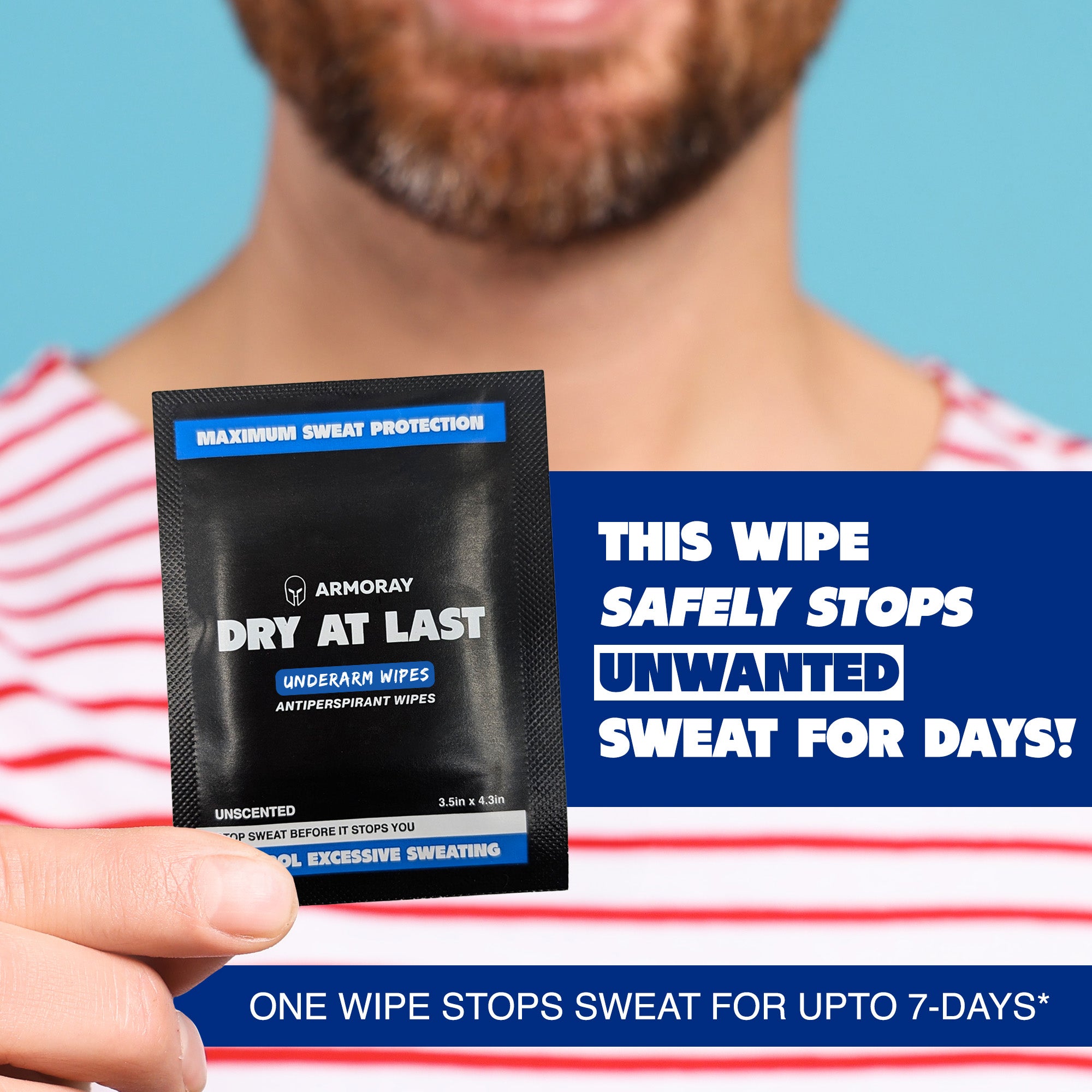Someone holds a packet of Armoray® Dry At Last Antiperspirant Wipes from ARMORAY Basics; the text claims these long-lasting wipes provide powerful sweat protection for up to 7 days.