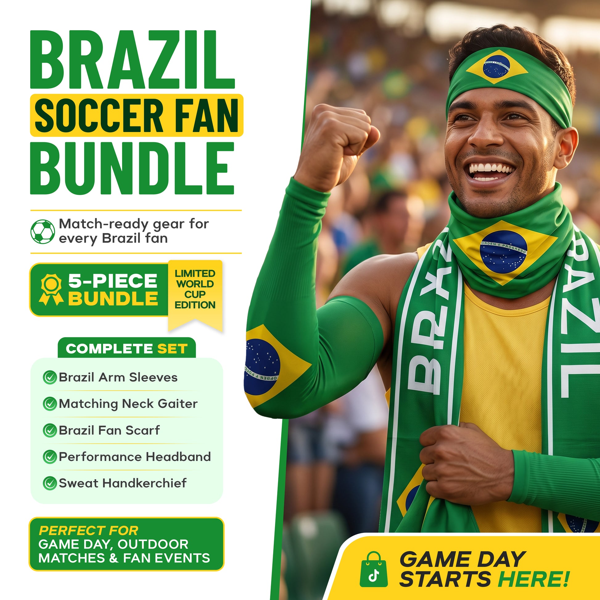 A smiling man in Brazil gear stands in a stadium. Text highlights the ARMORAY Armoray World Cup VIP Bundle—fan gear including arm sleeves, scarf, neck gaiter, headband, and sweat handkerchief to show your country pride.