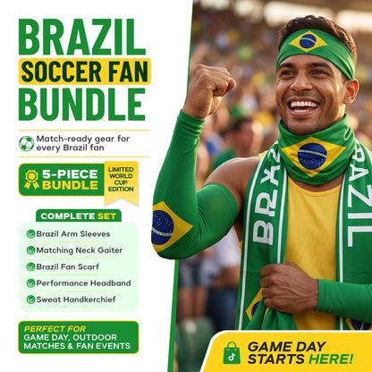 A smiling man in Brazil gear stands in a stadium. Text highlights the ARMORAY Armoray World Cup VIP Bundle—fan gear including arm sleeves, scarf, neck gaiter, headband, and sweat handkerchief to show your country pride.