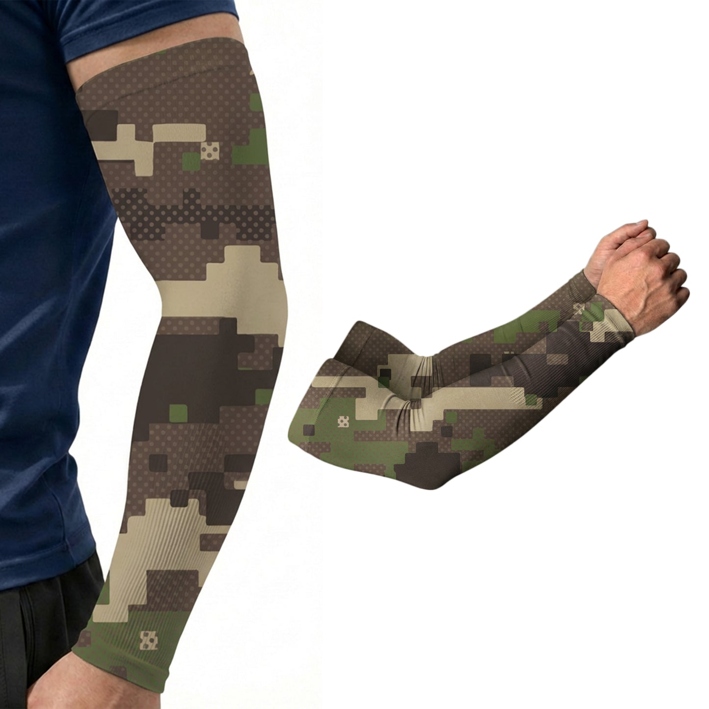 Someone wearing an Armoray® Designer Arm Sleeve by ARMORAY Basics in digital camouflage, offering UPF 50+ sun protection, with a close-up of the sleeve shown separately on a white background.