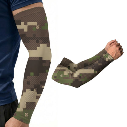Someone wearing an Armoray® Designer Arm Sleeve by ARMORAY Basics in digital camouflage, offering UPF 50+ sun protection, with a close-up of the sleeve shown separately on a white background.