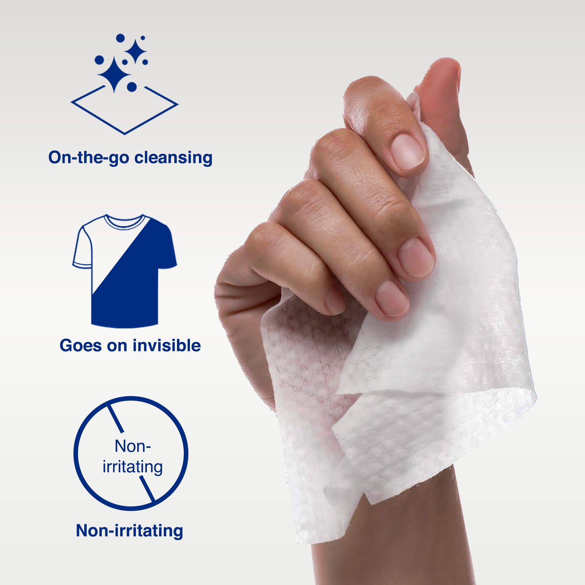 A hand holds Armoray® Dry At Last Antiperspirant Wipes by ARMORAY Basics; icons and text showcase on-the-go cleansing, sweat protection, invisible application, and gentle, non-irritating formula.