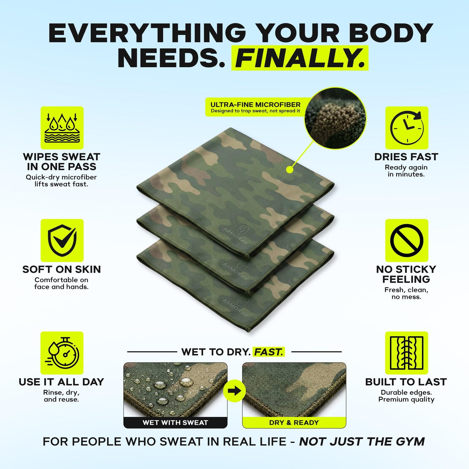 Three ARMORAY Basics Sweat Absorbing Handkerchiefs – UltraSoft, Reusable Sweat Towels by Armoray® are stacked, featuring quick-drying, ultra-fine microfiber that's soft, non-sticky, durable—ideal for gym workouts and more efficient than cotton.