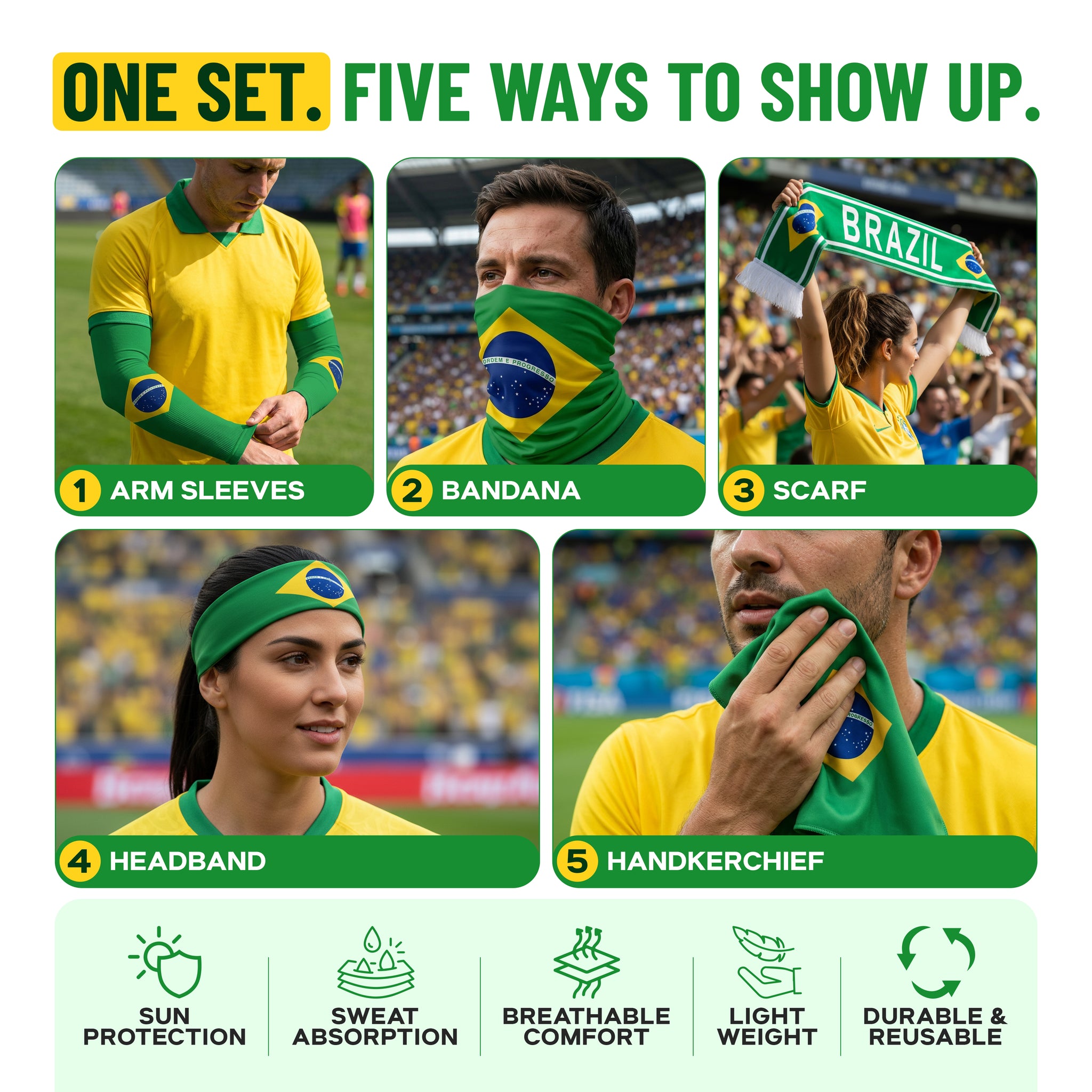 Five fans sport ARMORAY's Brazil-flag arm sleeves, bandana, scarf, headband, and handkerchief from the Armoray World Cup VIP Bundle—complete with icons for sun protection and sweat absorption for top-tier match gear.