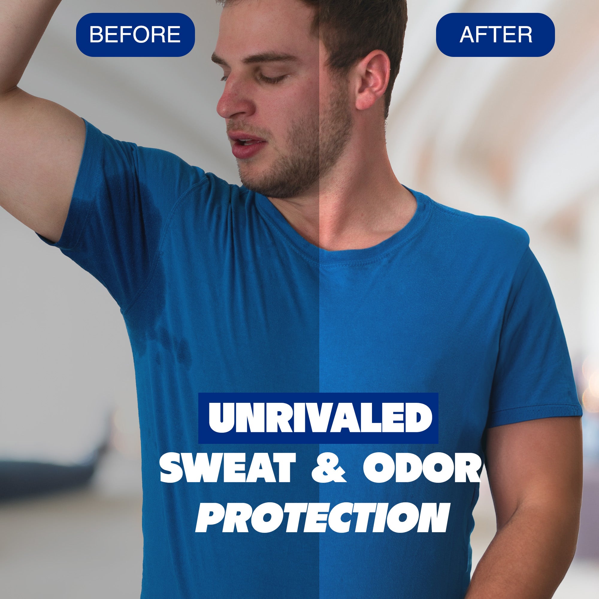 A man in a blue shirt appears before and after using ARMORAY Basics Armoray® Dry At Last Antiperspirant Wipes; left side has sweat stains, right stays clean and dry. Text: "Unrivaled Sweat & Odor Protection with long-lasting wipes.
