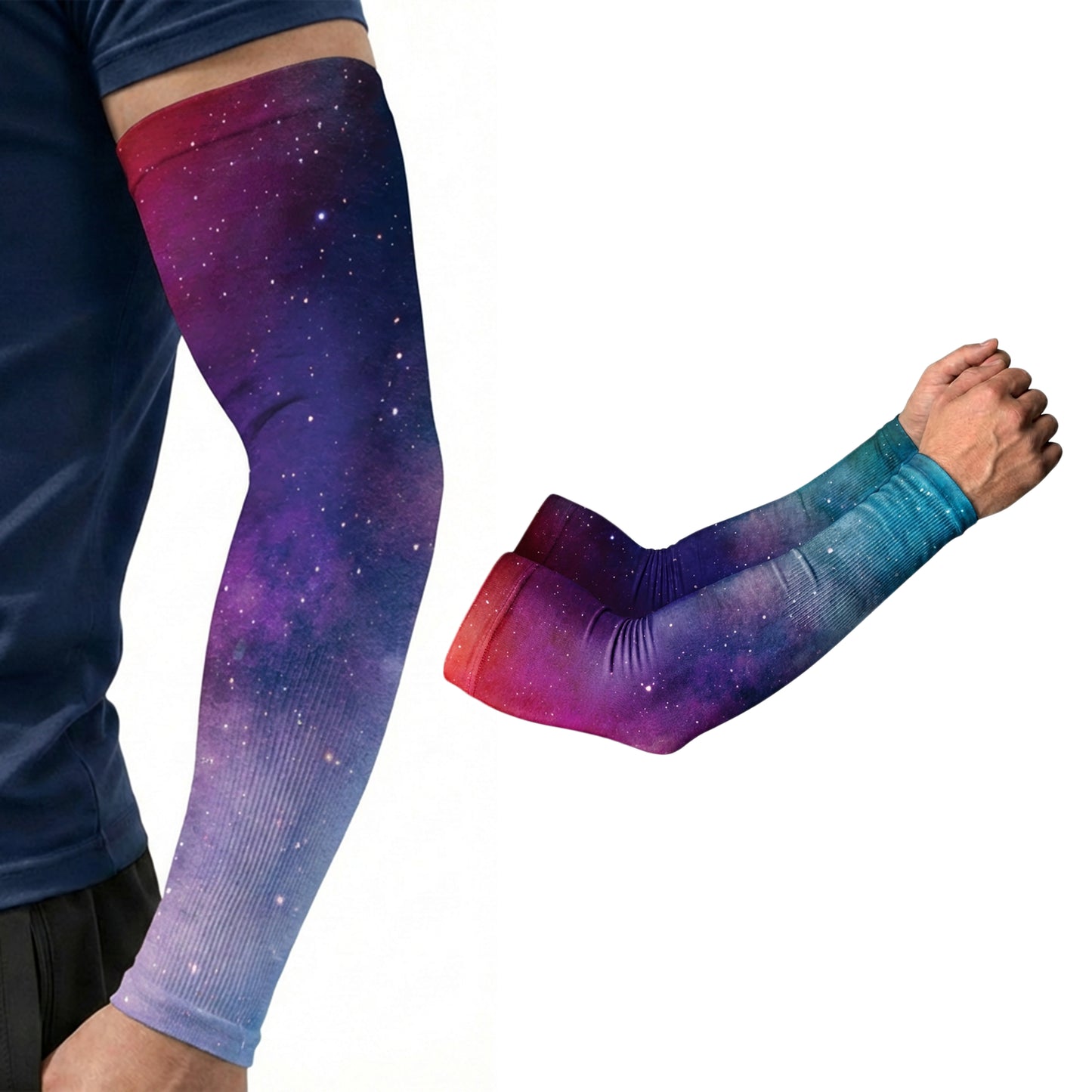 A person sports an ARMORAY Basics Armoray® Designer Arm Sleeve—one of 35+ bold looks with a galaxy print; a separate UPF 50+ sleeve for sun protection is displayed on the right.