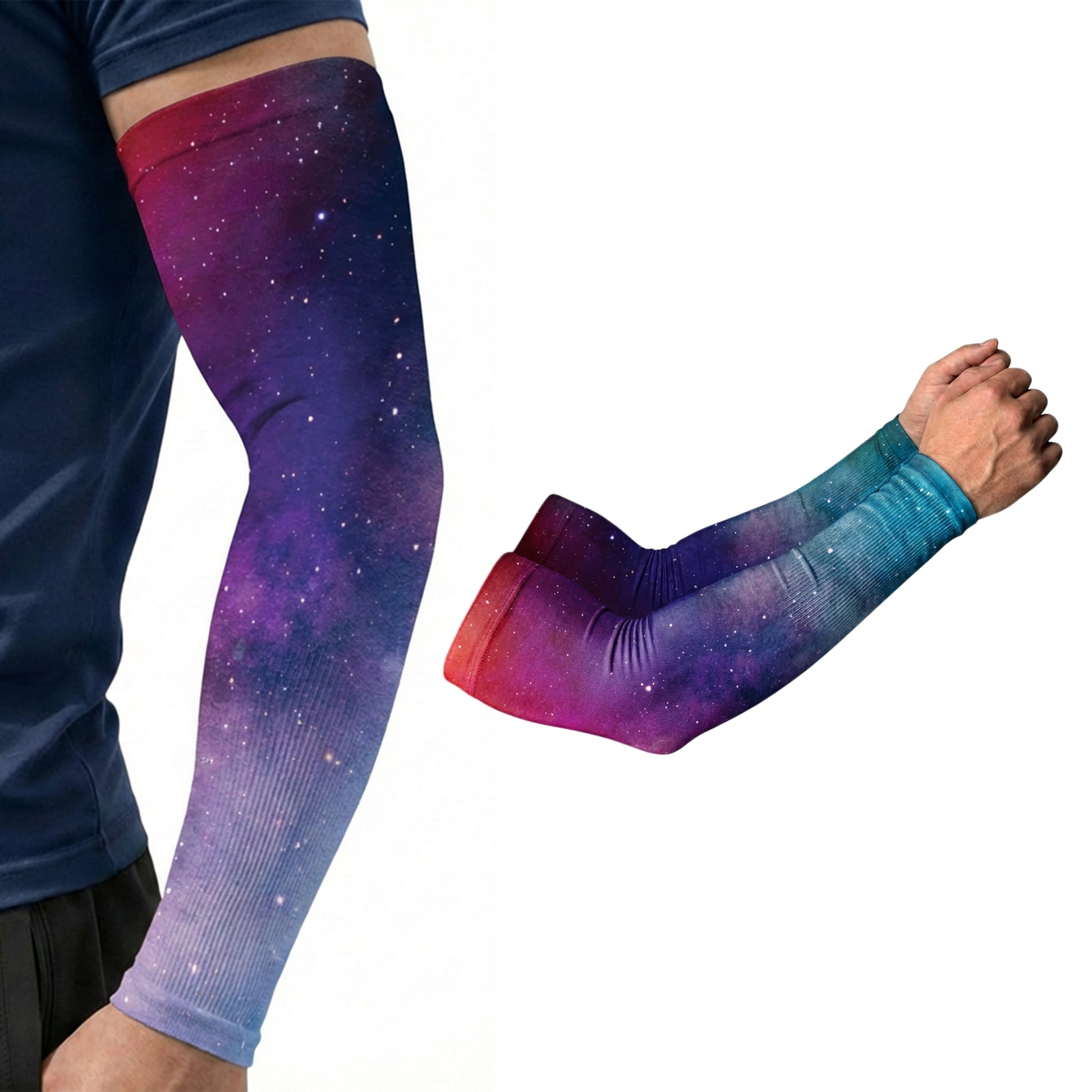 A person sports an ARMORAY Basics Armoray® Designer Arm Sleeve—one of 35+ bold looks with a galaxy print; a separate UPF 50+ sleeve for sun protection is displayed on the right.