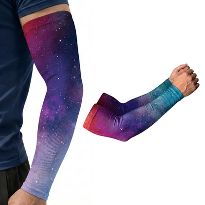 A person sports an ARMORAY Basics Armoray® Designer Arm Sleeve—one of 35+ bold looks with a galaxy print; a separate UPF 50+ sleeve for sun protection is displayed on the right.