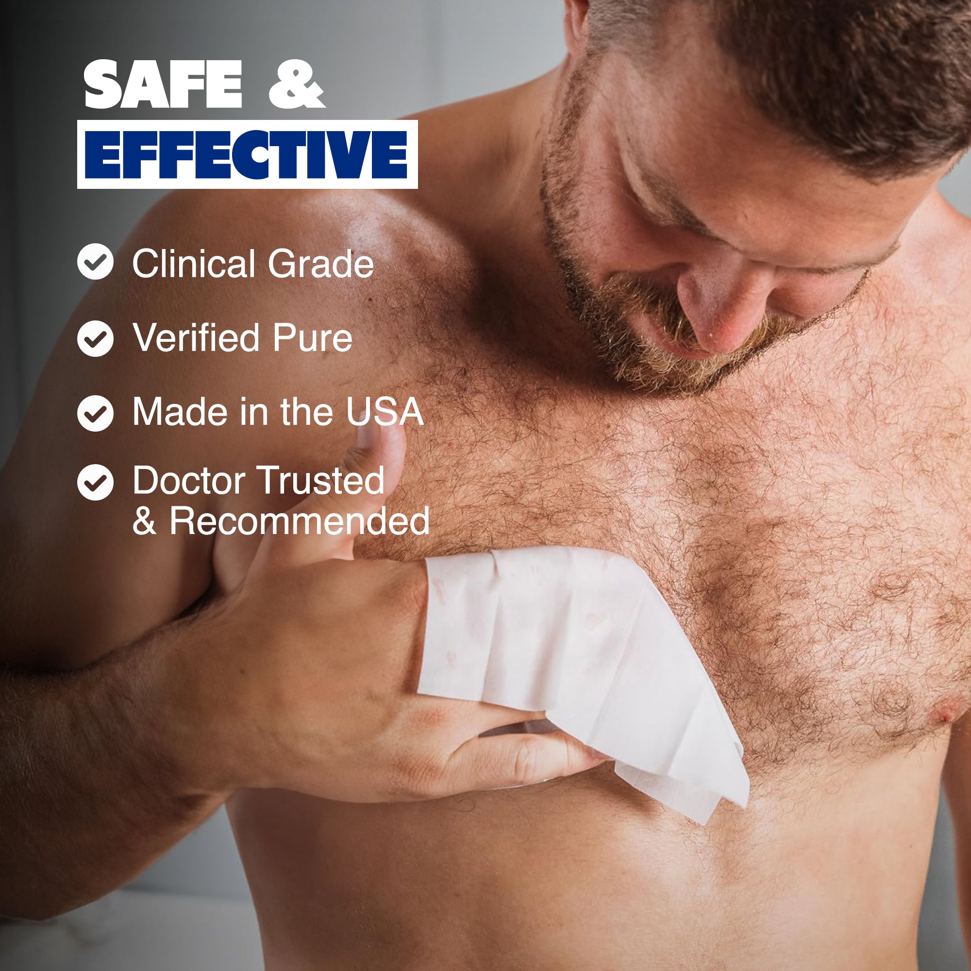 A man uses Armoray® Dry At Last Antiperspirant Body Wipes by ARMORAY Basics on his bare chest. The dermatologist-recommended wipes are safe, clinical grade, verified pure, made in the USA, and offer long-lasting protection.