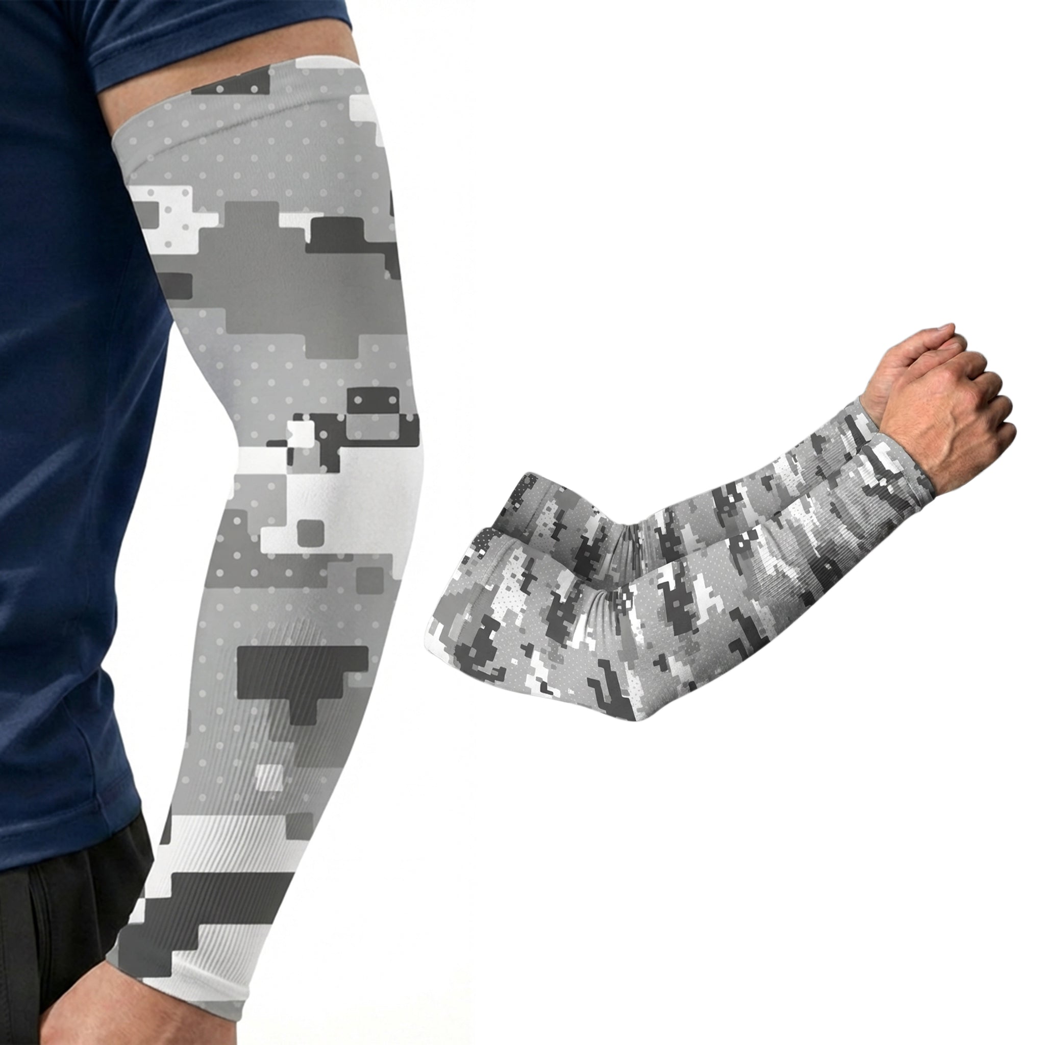 Two arms display ARMORAY Basics Armoray® Designer Arm Sleeves—35+ bold looks in gray digital camo. These UPF 50+ compression sleeves deliver stylish sun protection and comfort for any adventure.