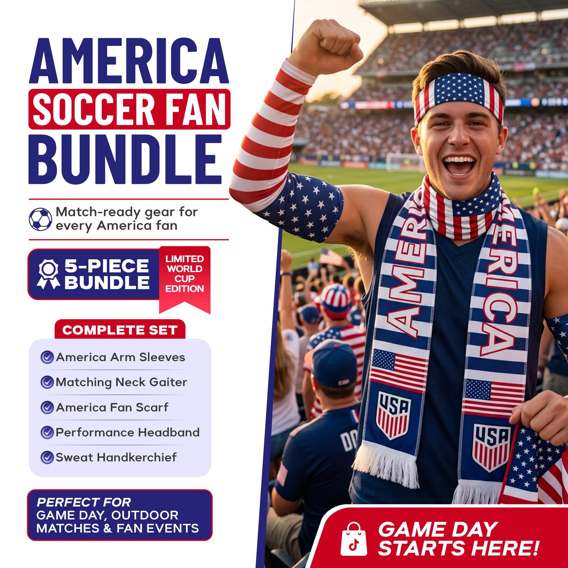 A young man in USA-themed soccer attire cheers at a stadium as a promo graphic highlights the ARMORAY Armoray World Cup VIP Bundle—your ultimate apparel and fan gear set to show American pride at every match.