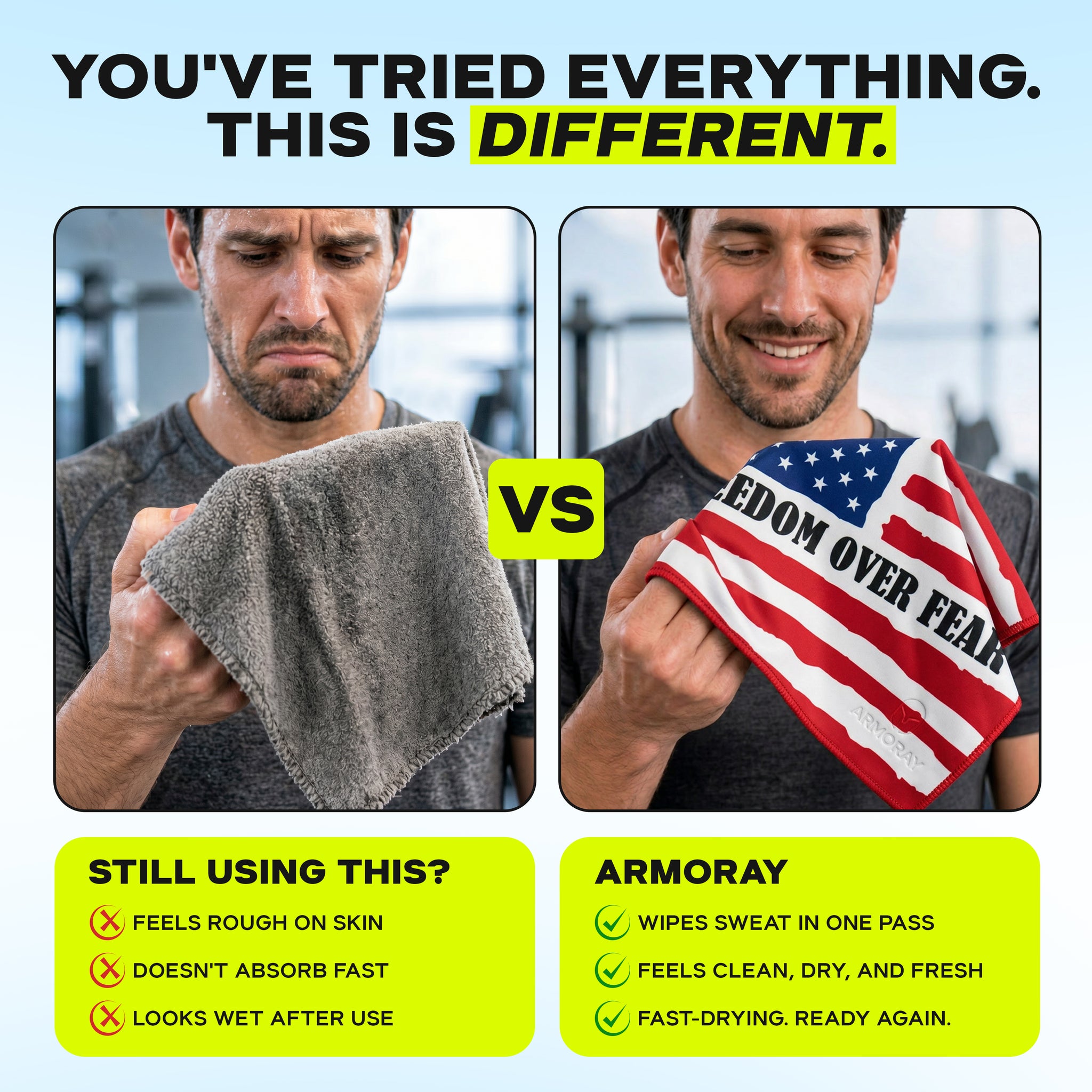 Split image shows a man frowning with an old gray towel versus smiling with ARMORAY Basics' Sweat Absorbing Handkerchief – UltraSoft, Reusable Sweat Towel by Armoray®, perfect for gym workouts and designed to absorb sweat efficiently. Benefits listed below.