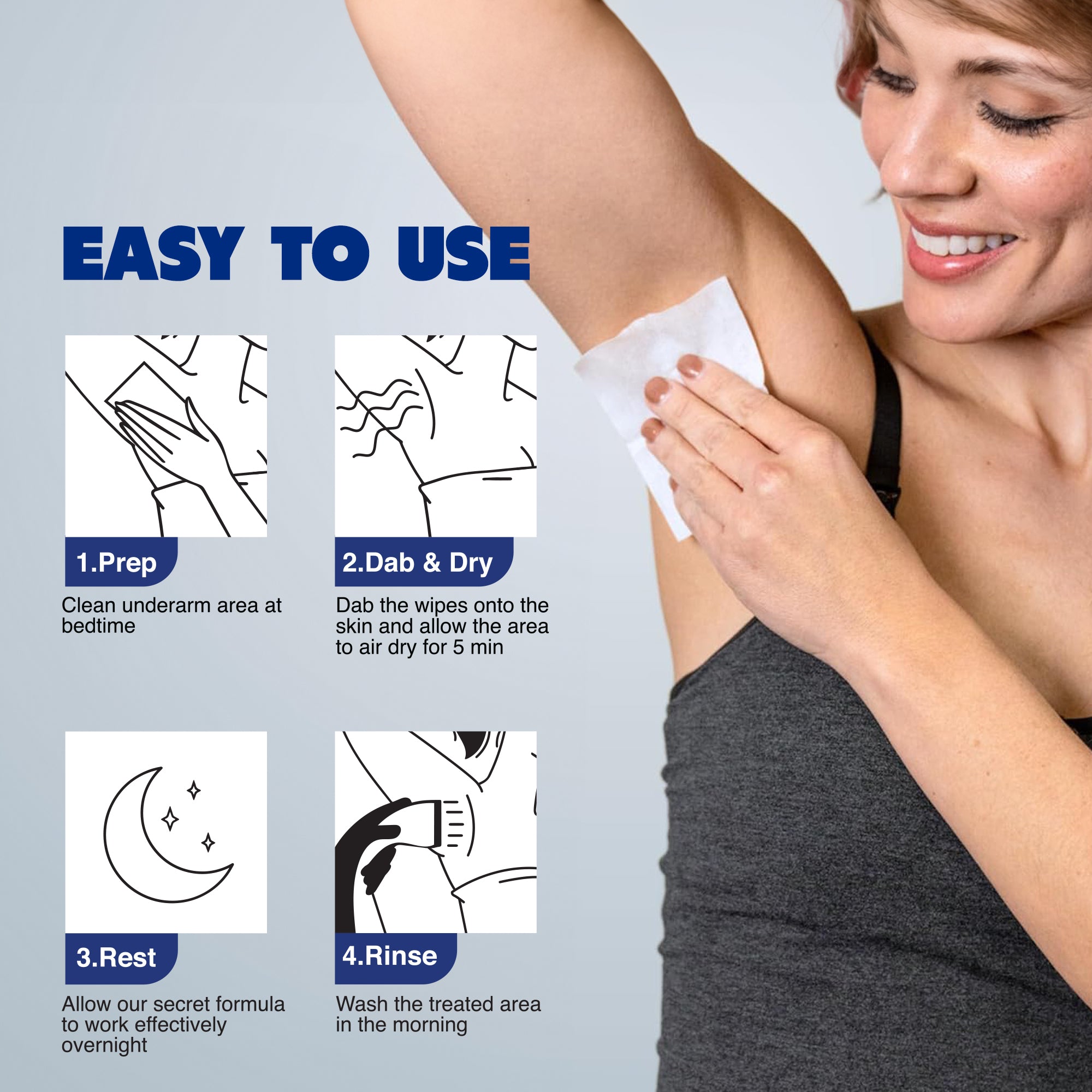 A woman in athletic wear uses Armoray® Dry At Last Antiperspirant Wipes by ARMORAY Basics on her underarm; illustrated steps show how to use: prep, dab & dry, rest, and rinse for effective sweat protection.