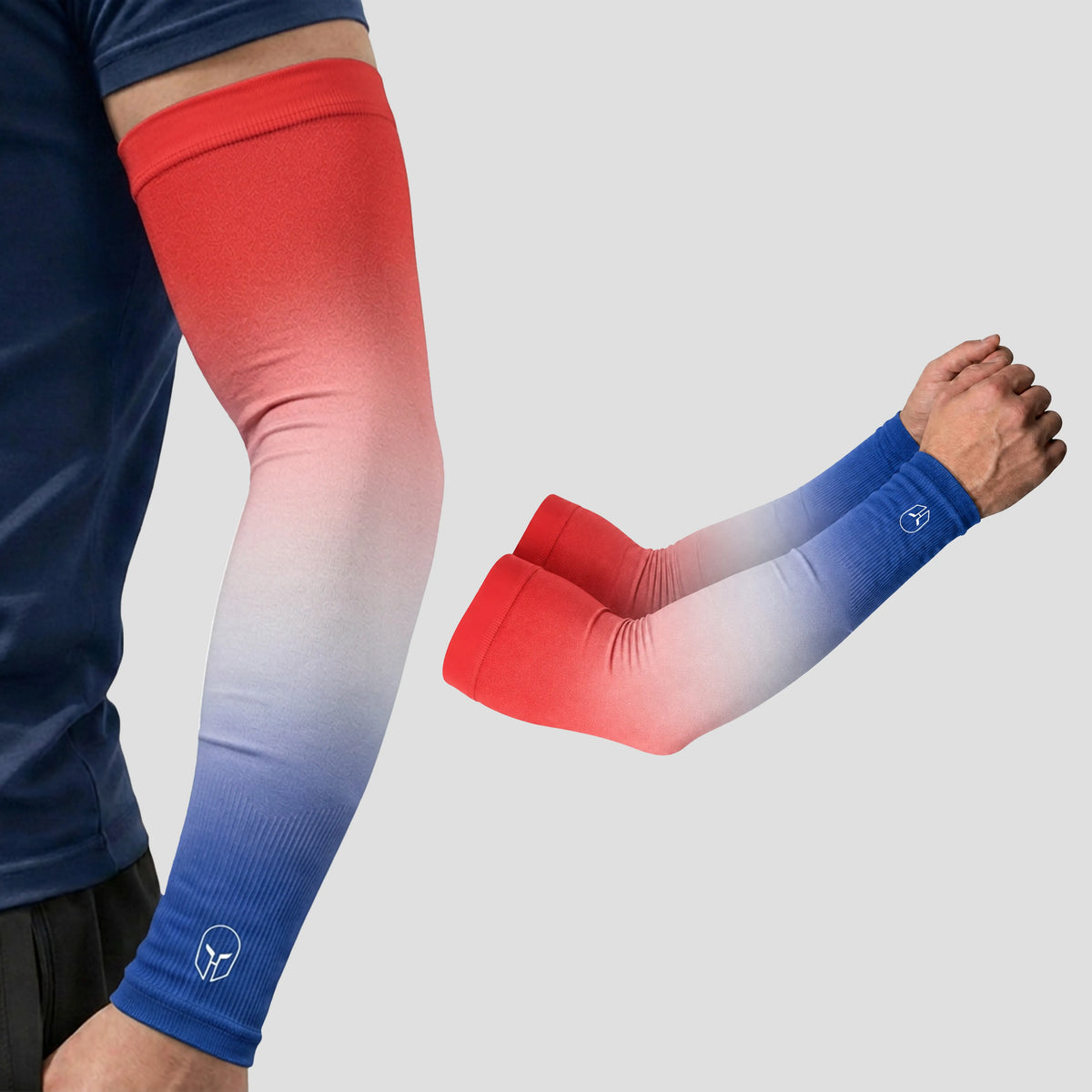 A person wears ARMORAY Gradient Arm Sleeves that transition from red to white to blue, providing UPF 50+ UV protection. A separate view displays the full design of the sleeves—including their comfortable no-slip band—against a plain background.
