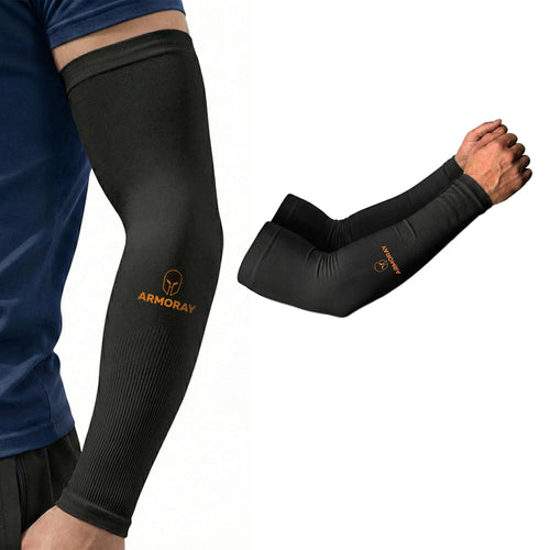 A person wears FREE Black Armoray Arm Sleeves by ARMORAY, with a separate image showing the sleeves on crossed arms against a white background.