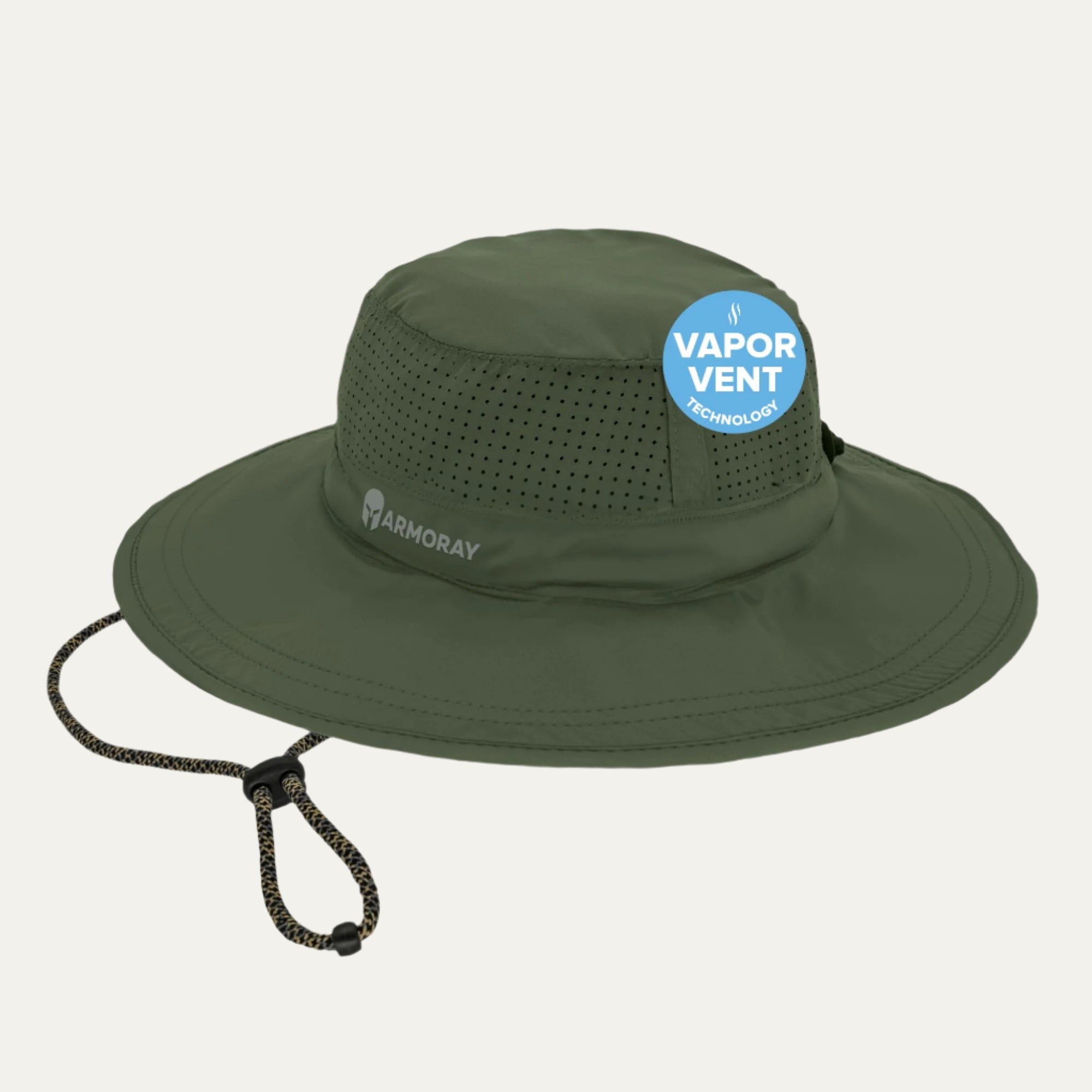 The ARMORAY Armoray® Boonie Hat in olive green features a wide brim, chin strap, ventilation holes, and a blue "Vapor Vent Technology" sticker—perfect sun protection for outdoor adventures.