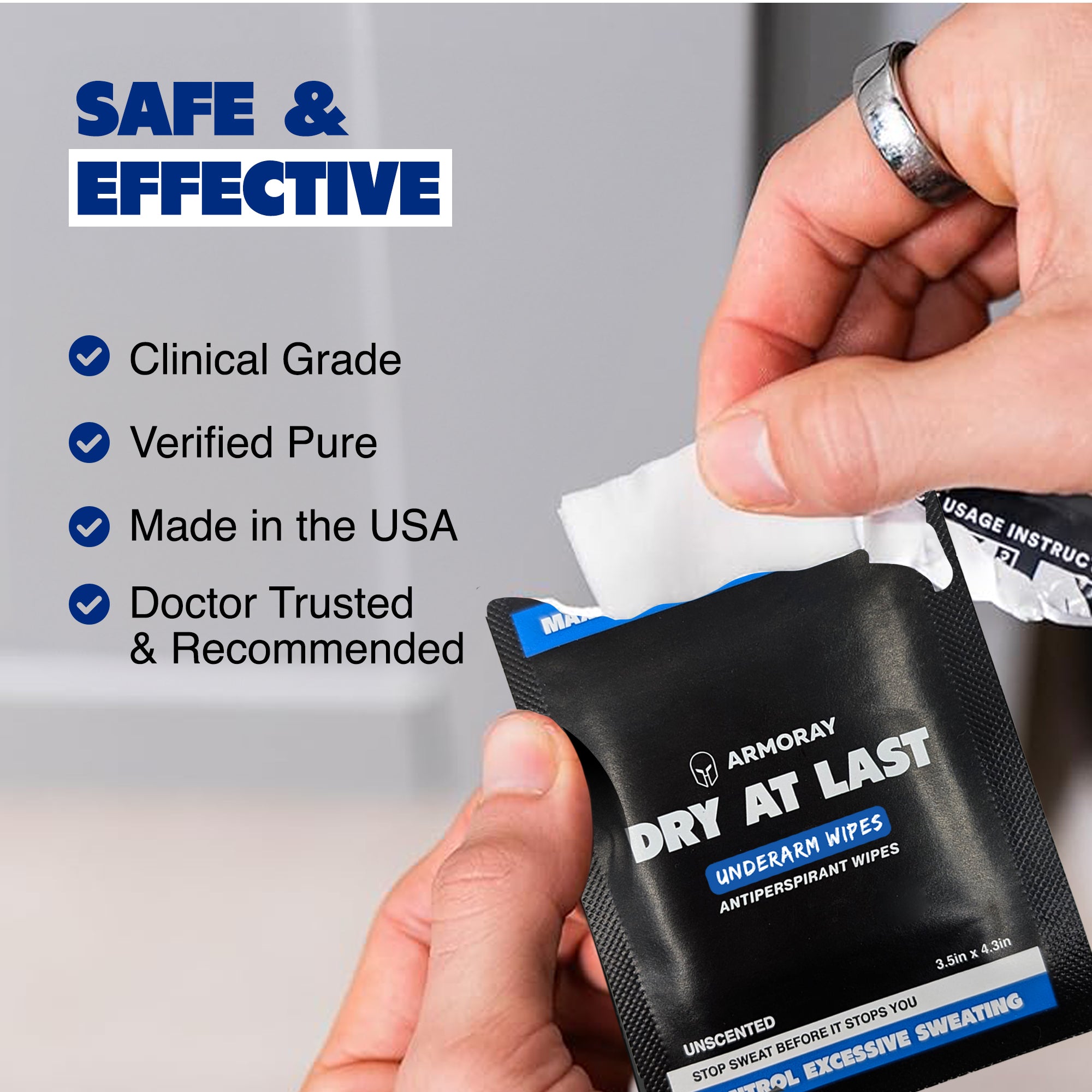 A hand holds a packet of Armoray® Dry At Last Antiperspirant Wipes by ARMORAY Basics beside text with features: clinical grade, verified pure, made in the USA, doctor trusted, and recommended for superior sweat protection.