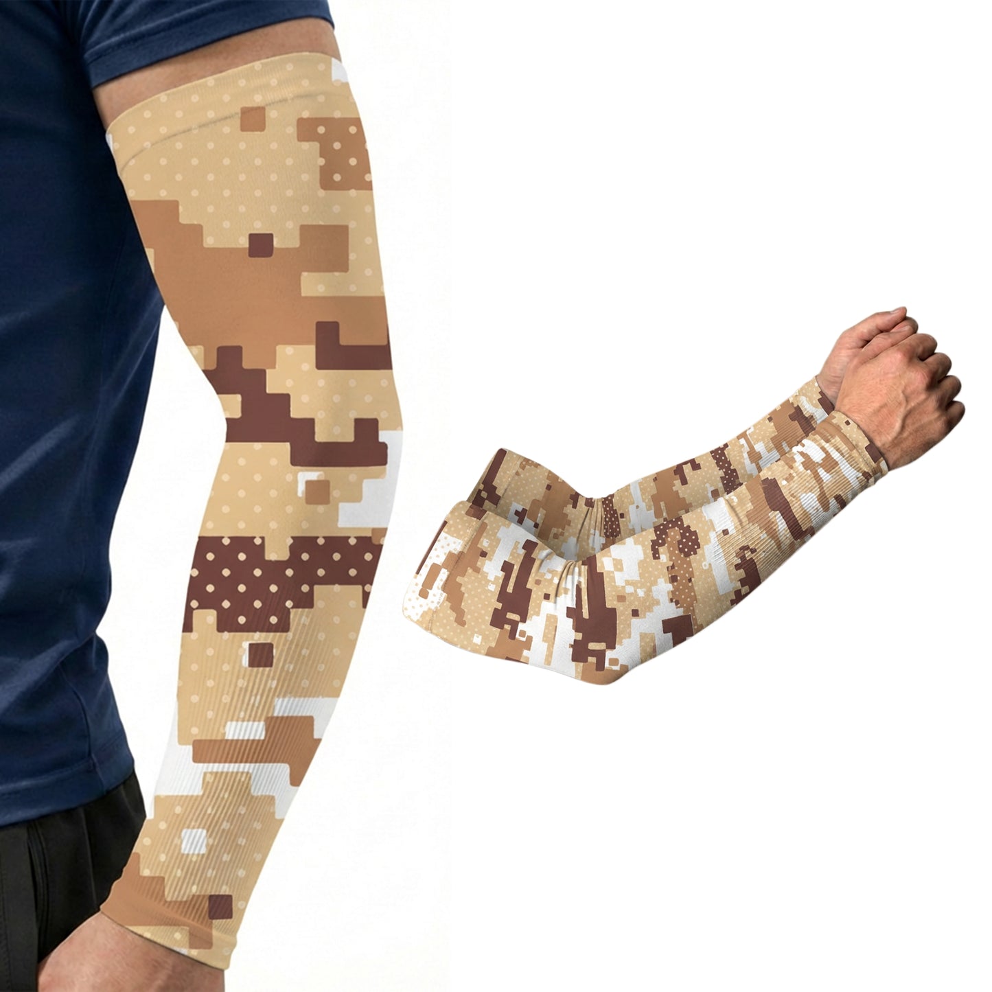 A person wears an ARMORAY Basics Armoray® Designer Arm Sleeve in beige-brown digital camo, offering UPF 50+ sun protection, with a second sleeve shown separately.