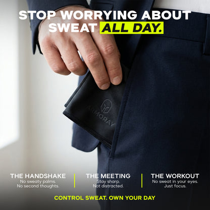 A person in a suit places an ARMORAY Basics Sweat Absorbing Handkerchief – UltraSoft, Reusable Sweat Towel in their pocket. Stay dry at meetings, handshakes, or the gym. Slogan: "Control sweat. Own your day.