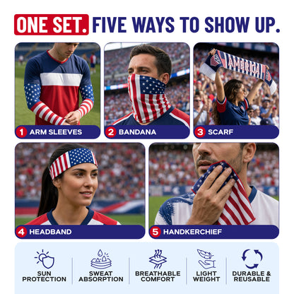 Image showing five ways to wear the ARMORAY Armoray World Cup VIP Bundle—arm sleeves, bandana, scarf, headband, or handkerchief. Show country pride with sun protection and breathable fan gear for match-ready style.