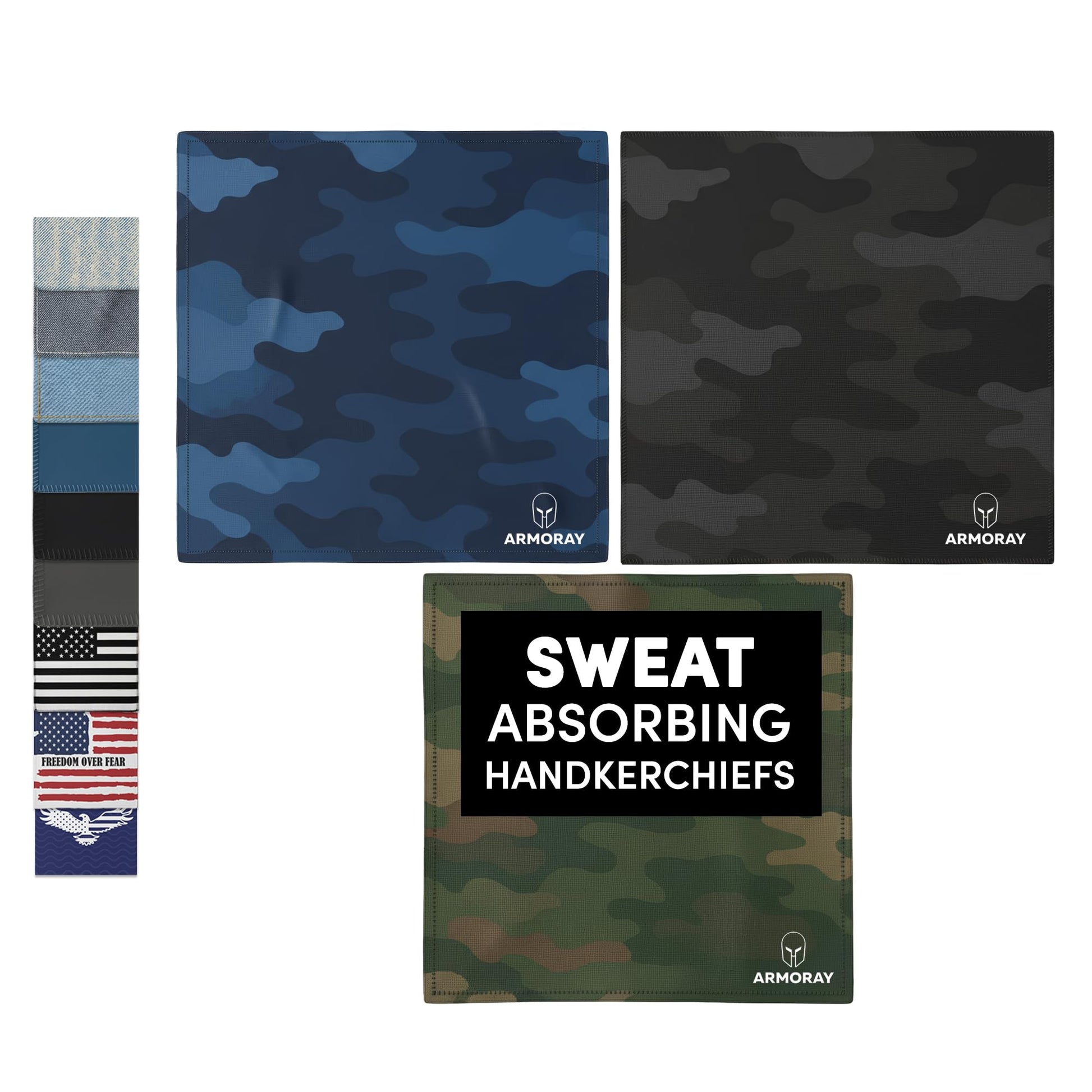 Three camo-patterned ARMORAY Basics Sweat Absorbing Handkerchiefs (UltraSoft, reusable) and four folded ones are shown; "Sweat Absorbing Handkerchiefs" text and the Armoray® logo are visible. Ideal for gym or as a compact sweat towel.