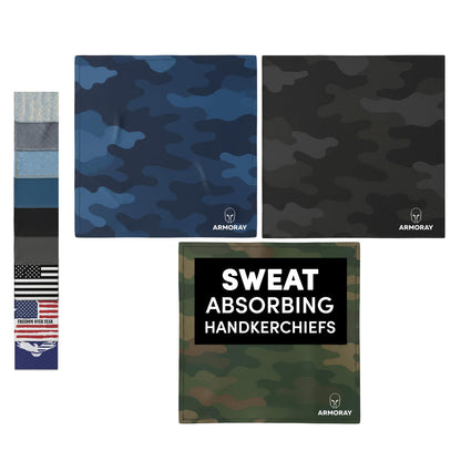 Three camo-patterned ARMORAY Basics Sweat Absorbing Handkerchiefs (UltraSoft, reusable) and four folded ones are shown; "Sweat Absorbing Handkerchiefs" text and the Armoray® logo are visible. Ideal for gym or as a compact sweat towel.