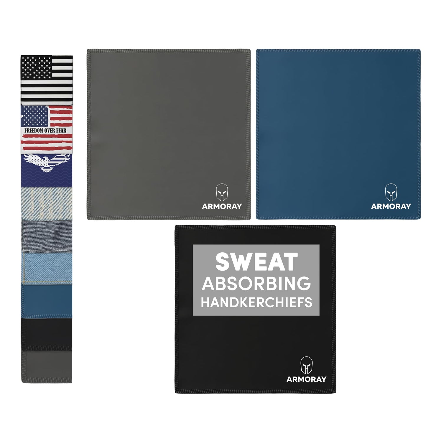 ARMORAY Basics offers UltraSoft, reusable Sweat Absorbing Handkerchiefs—perfect gym towels in four styles: plain gray, blue, black with white text, and a patterned U.S. flag design.