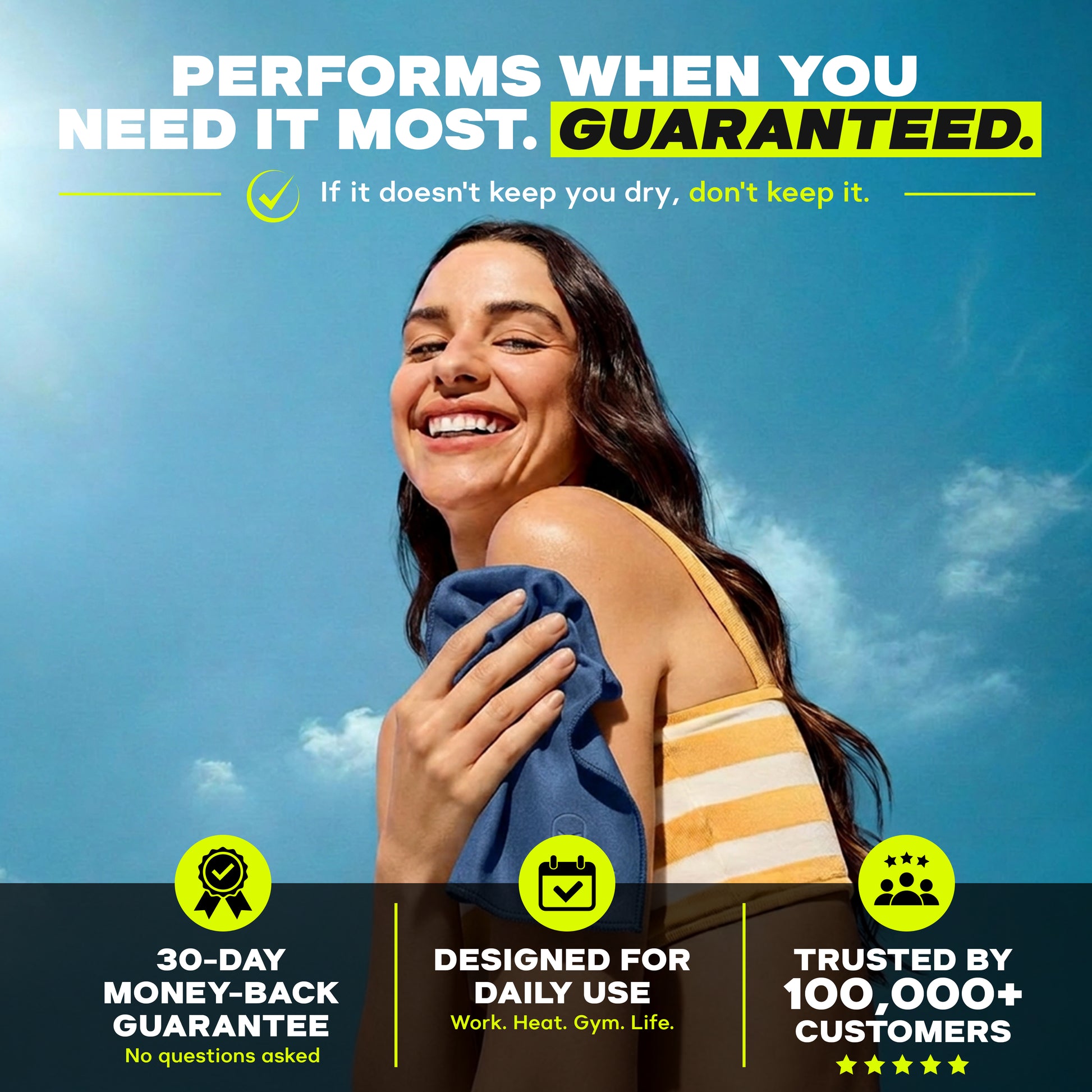 A woman outdoors holds the Armoray® Sweat Absorbing Handkerchief – UltraSoft, Reusable Sweat Towel by ARMORAY Basics, with icons and bold text highlighting its high-performance design for daily gym use.
