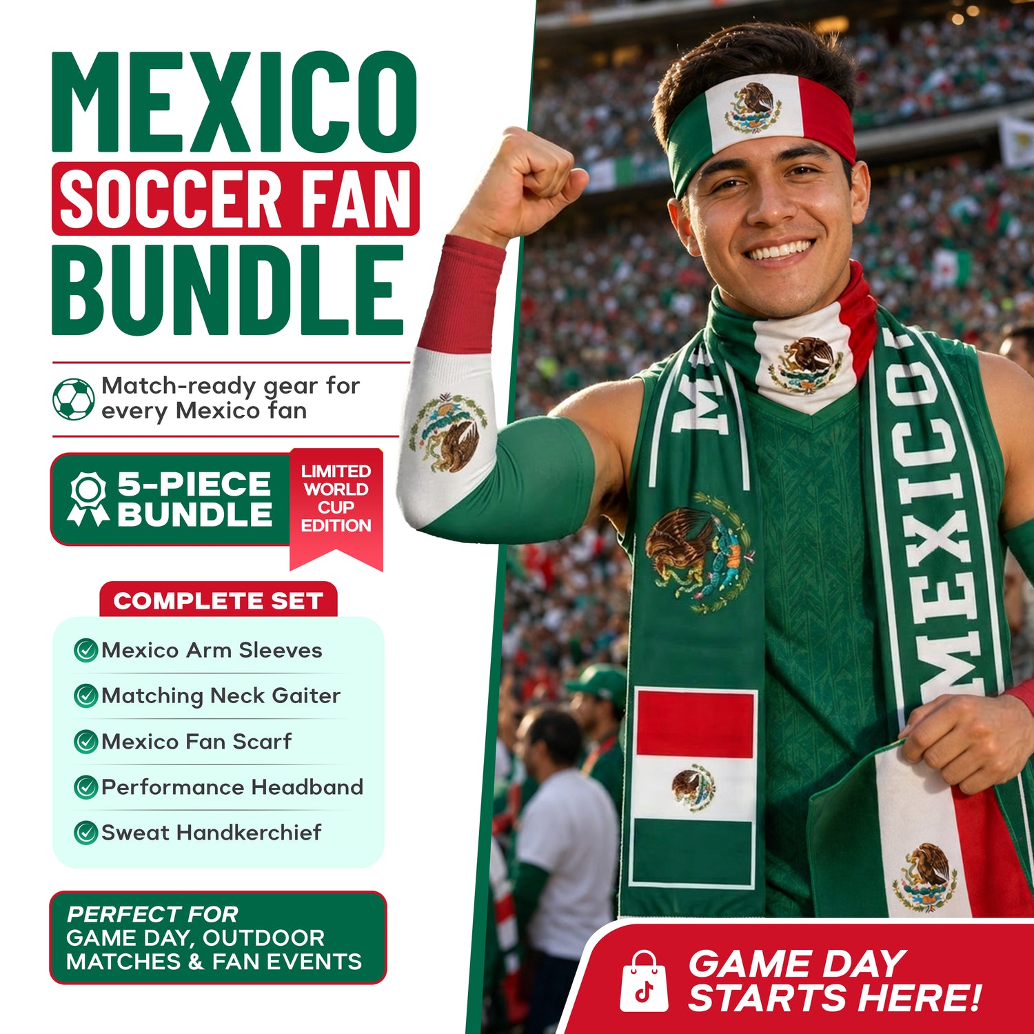 A smiling soccer fan in Mexico gear cheers at the stadium. The ARMORAY Armoray World Cup VIP Bundle offers 5 must-have items—essential fan gear for game days and events—so you’re ready to show your support all tournament long.
