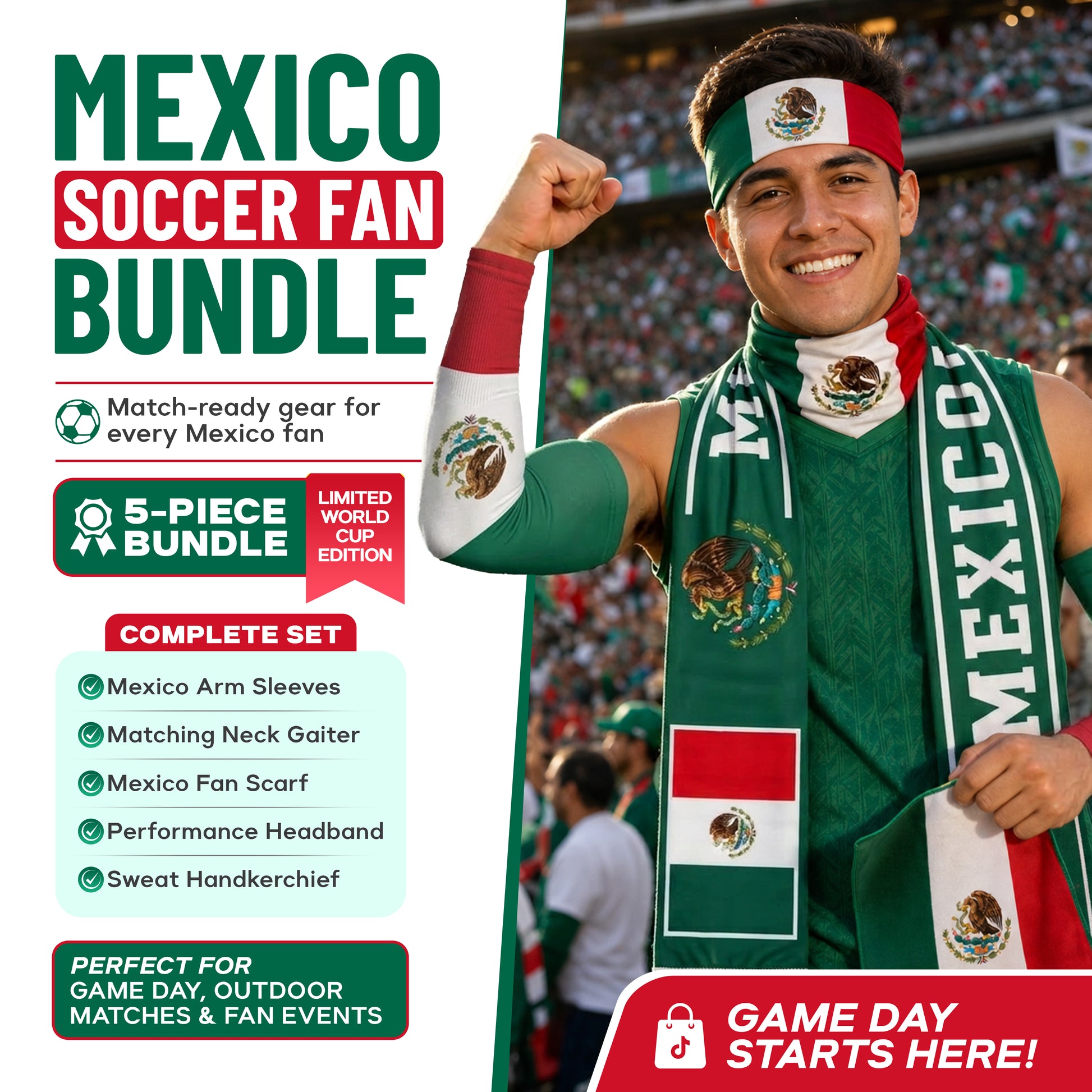 A smiling soccer fan in Mexico gear cheers at the stadium. The ARMORAY Armoray World Cup VIP Bundle offers 5 must-have items—essential fan gear for game days and events—so you’re ready to show your support all tournament long.