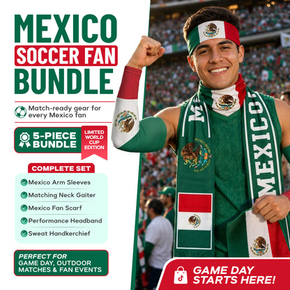 A smiling soccer fan in Mexico gear cheers at the stadium. The ARMORAY Armoray World Cup VIP Bundle offers 5 must-have items—essential fan gear for game days and events—so you’re ready to show your support all tournament long.