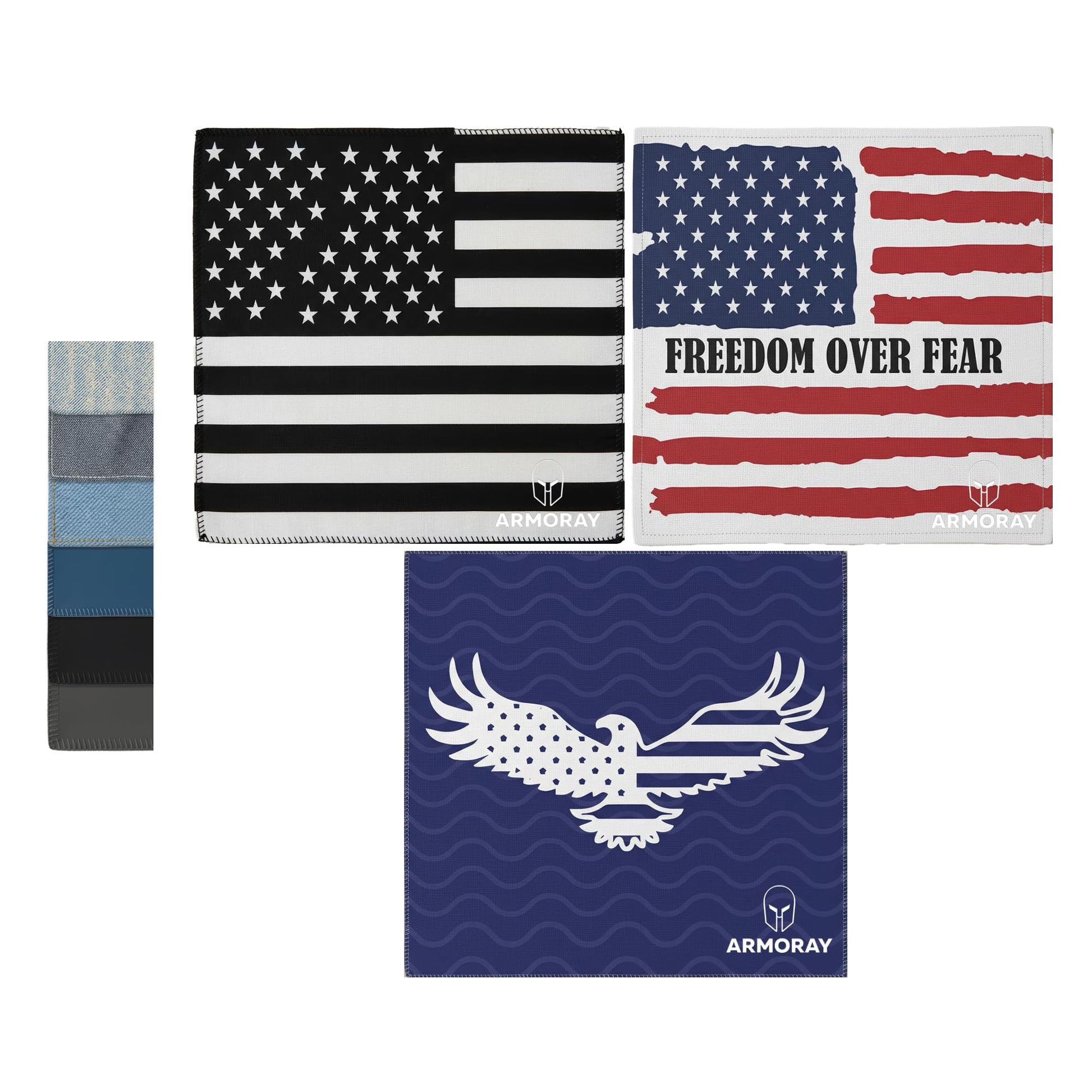 ARMORAY Basics’ Sweat Absorbing Handkerchief – UltraSoft, Reusable Sweat Towel features three flag and eagle designs: grayscale, "FREEDOM OVER FEAR" text, and blue with a white eagle. Includes color swatches. Ideal for workouts or daily use.