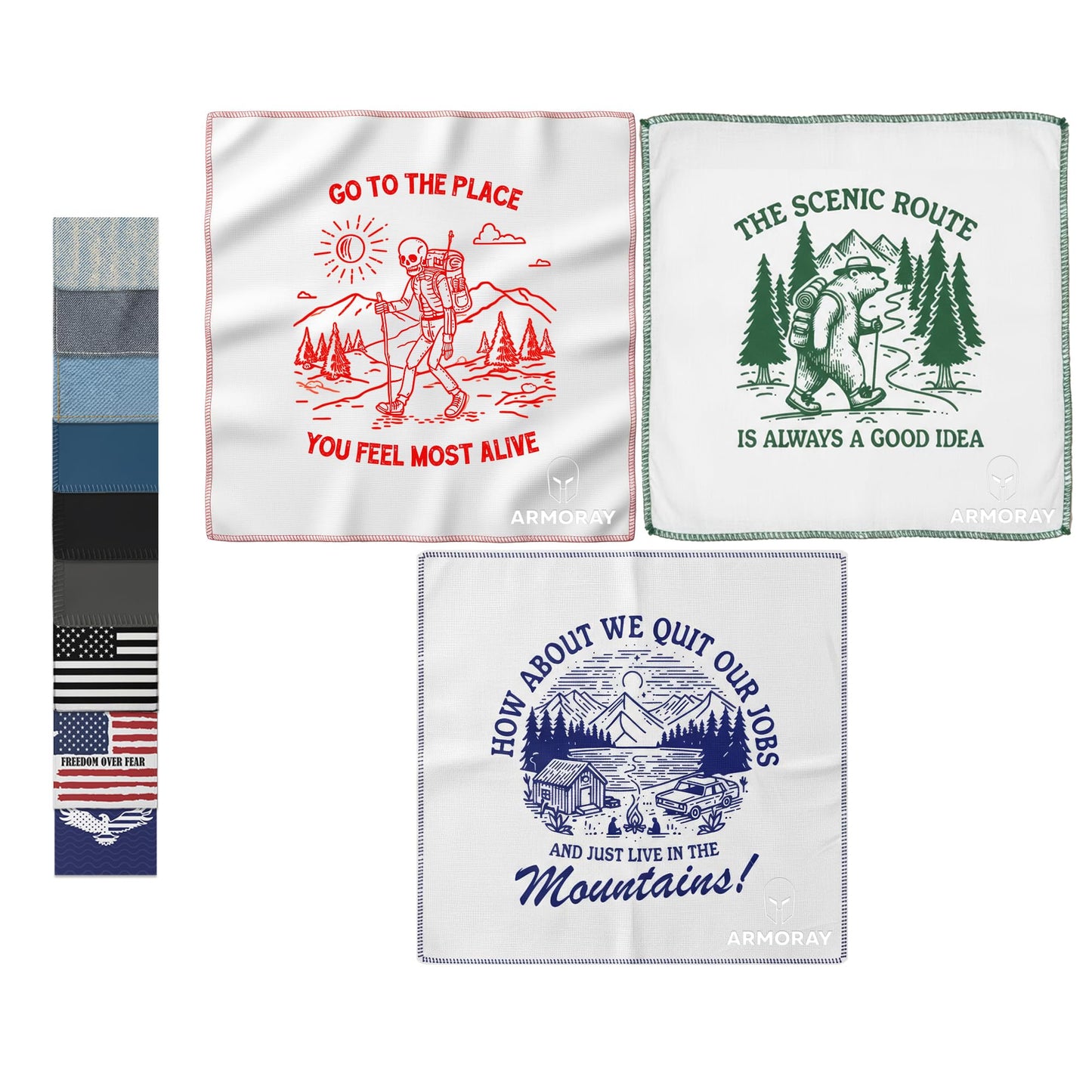 Three ARMORAY Basics UltraSoft, reusable sweat absorbing handkerchiefs featuring outdoor adventure themes and slogans, plus a vertical display of six folded Armoray® sweat towels in assorted patterns and colors on the left.