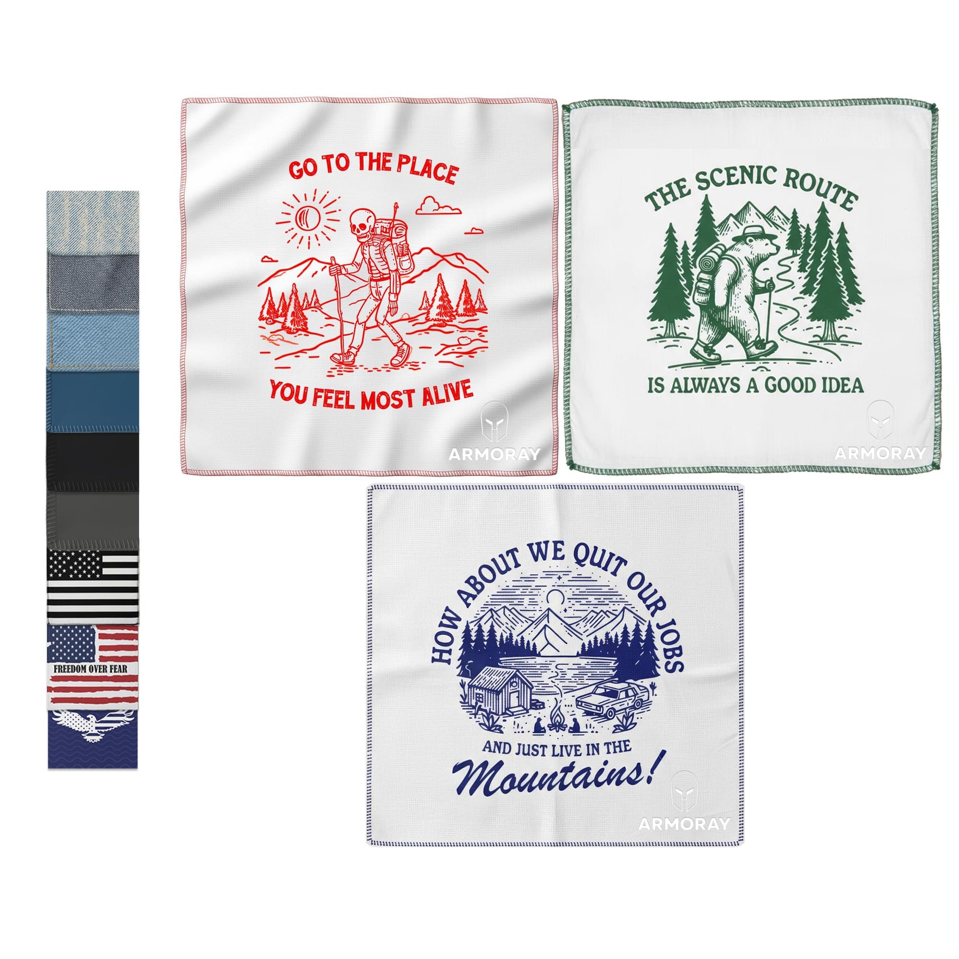 Three ARMORAY Basics UltraSoft, reusable sweat absorbing handkerchiefs featuring outdoor adventure themes and slogans, plus a vertical display of six folded Armoray® sweat towels in assorted patterns and colors on the left.