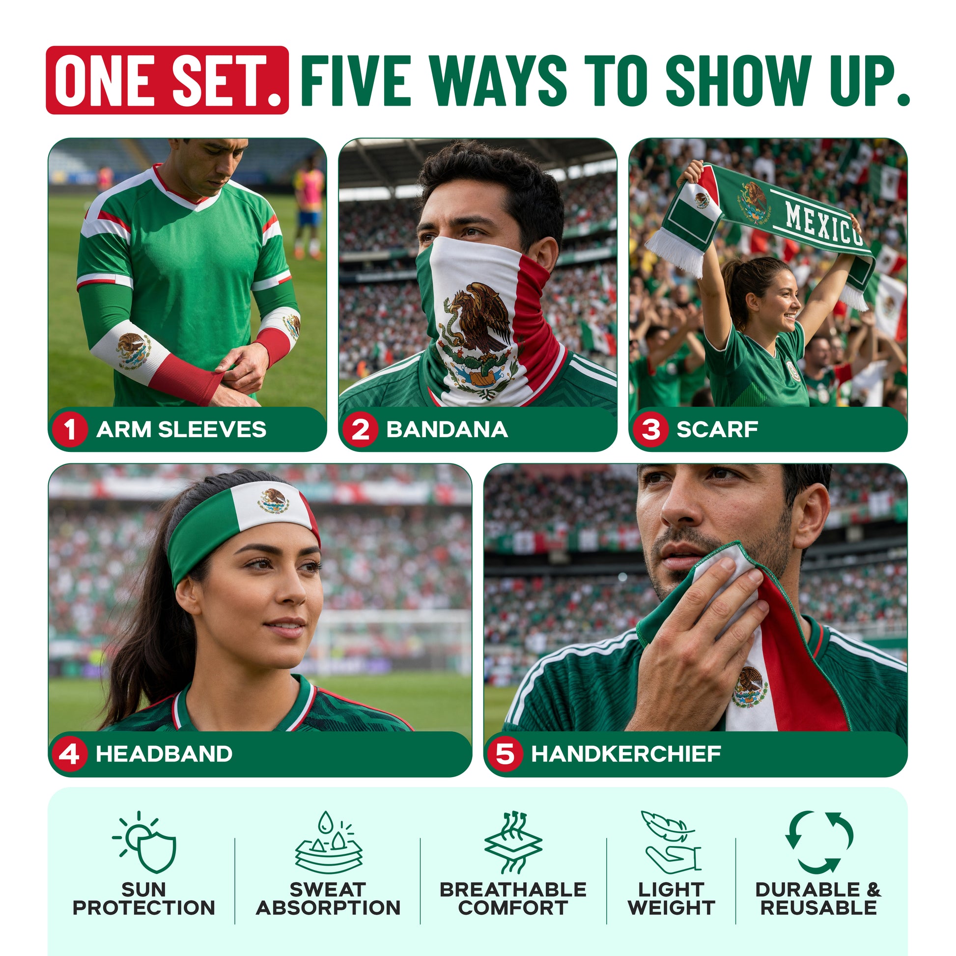 Five people sport the Armoray World Cup VIP Bundle by ARMORAY—Mexico-flag-themed arm sleeves, bandana, scarf, headband, and handkerchief—delivering sun protection, comfort, and reusability. Ideal fan gear for showing country pride!.