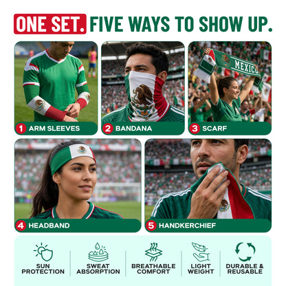 Five people sport the Armoray World Cup VIP Bundle by ARMORAY—Mexico-flag-themed arm sleeves, bandana, scarf, headband, and handkerchief—delivering sun protection, comfort, and reusability. Ideal fan gear for showing country pride!.