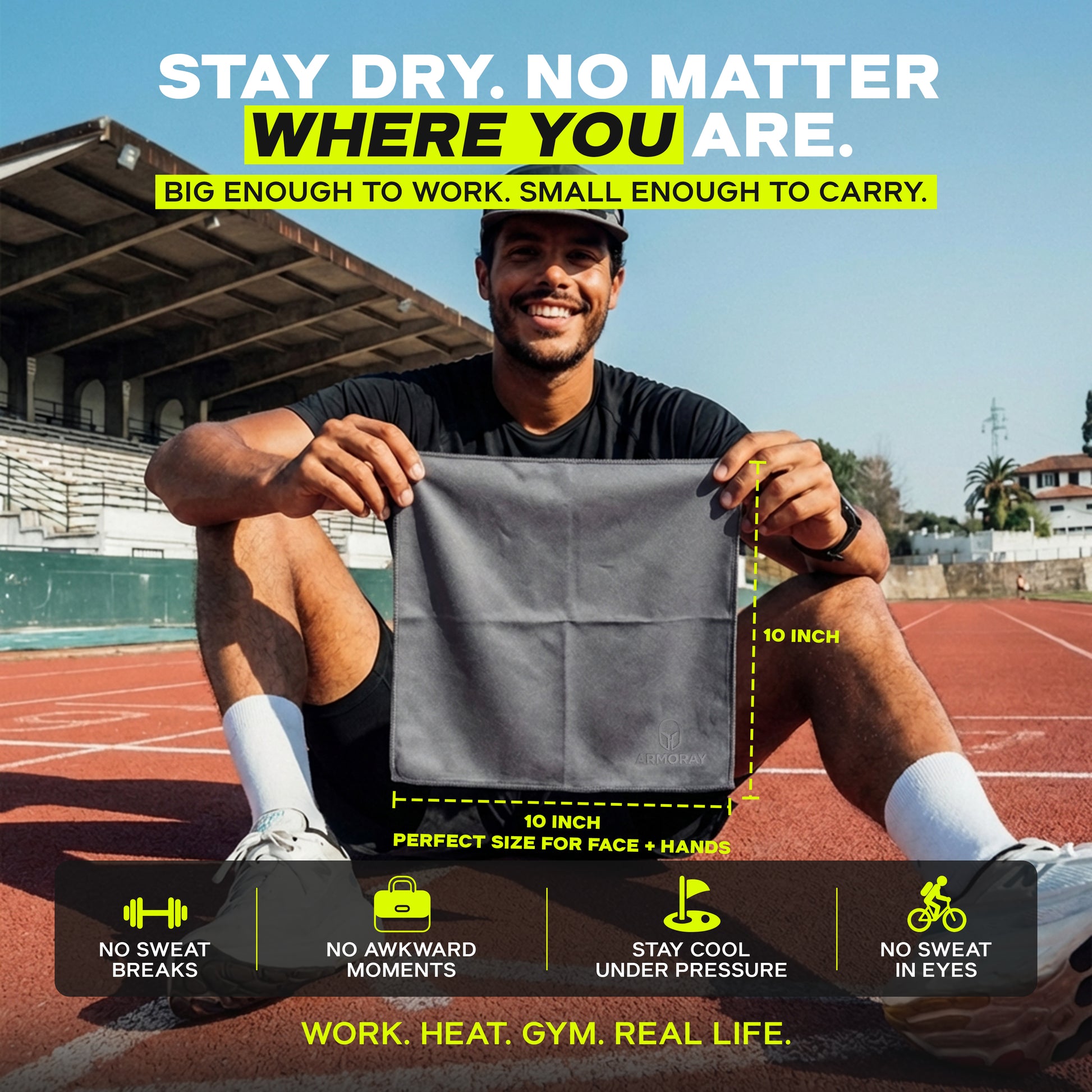 A man on a track displays the 10-inch Armoray® UltraSoft Sweat Absorbing Handkerchief by ARMORAY Basics, with sports icons and text highlighting its sweat-wicking, reusable features for gym workouts and outdoor use.