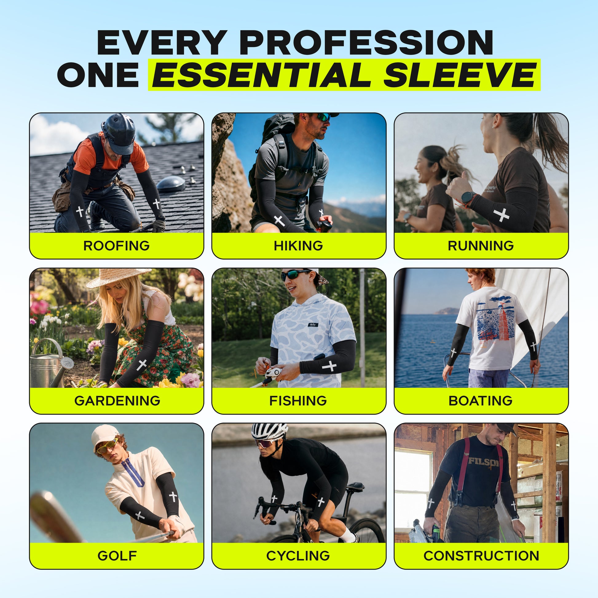 A grid of nine images shows people wearing ARMORAY Faith Series UPF 50+ no-slip sun protection arm sleeves while roofing, hiking, running, gardening, fishing, boating, golfing, cycling, and working construction.