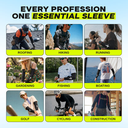 A grid of nine images shows people wearing ARMORAY Faith Series UPF 50+ no-slip sun protection arm sleeves while roofing, hiking, running, gardening, fishing, boating, golfing, cycling, and working construction.