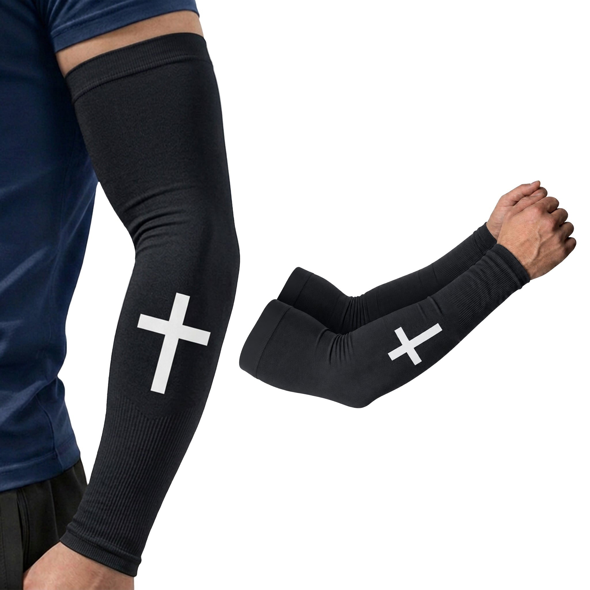 The ARMORAY Faith Series compression arm sleeves feature a bold white cross on the forearm, providing UPF 50+ sun protection and moisture-wicking fabric for all-day comfort. Displayed both on an arm and side by side, these stylish scripture sleeves are an excellent choice for active lifestyles.