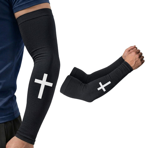 The ARMORAY Faith Series compression arm sleeves feature a bold white cross on the forearm, providing UPF 50+ sun protection and moisture-wicking fabric for all-day comfort. Displayed both on an arm and side by side, these stylish scripture sleeves are an excellent choice for active lifestyles.
