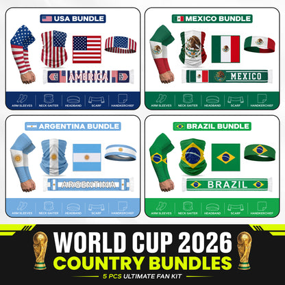 Image featuring four ARMORAY World Cup VIP Bundles for USA, Mexico, Argentina, and Brazil—each includes themed apparel like arm sleeves, a neck gaiter, a scarf, and a handkerchief to show off your country pride.