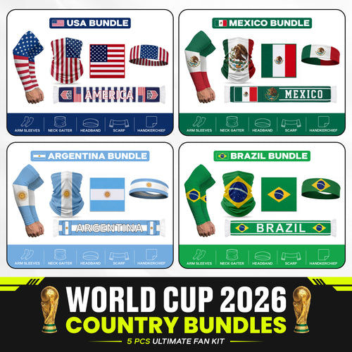 Image featuring four ARMORAY World Cup VIP Bundles for USA, Mexico, Argentina, and Brazil—each includes themed apparel like arm sleeves, a neck gaiter, a scarf, and a handkerchief to show off your country pride.